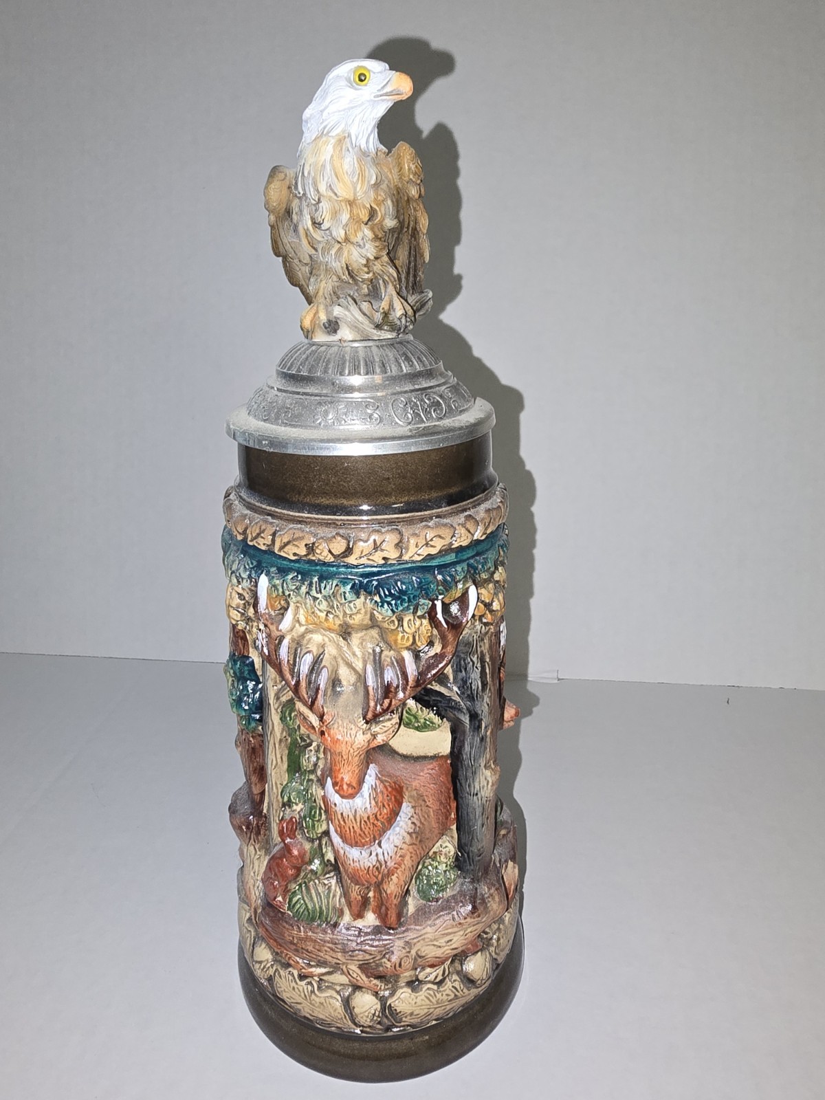 Zoller Born Signed Handpainted German Stein Deutschland Eagle Pewter wild life