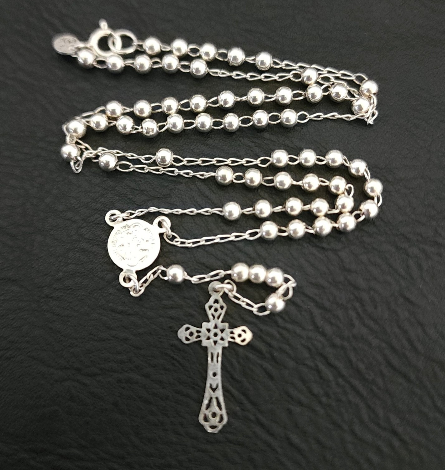Sterling Silver 925 Catholic Rosary Beads Necklace St Benedict Medal Mexico Sterling Silver 925 Catholic Rosary Beads Necklace St Benedict Medal Mexico