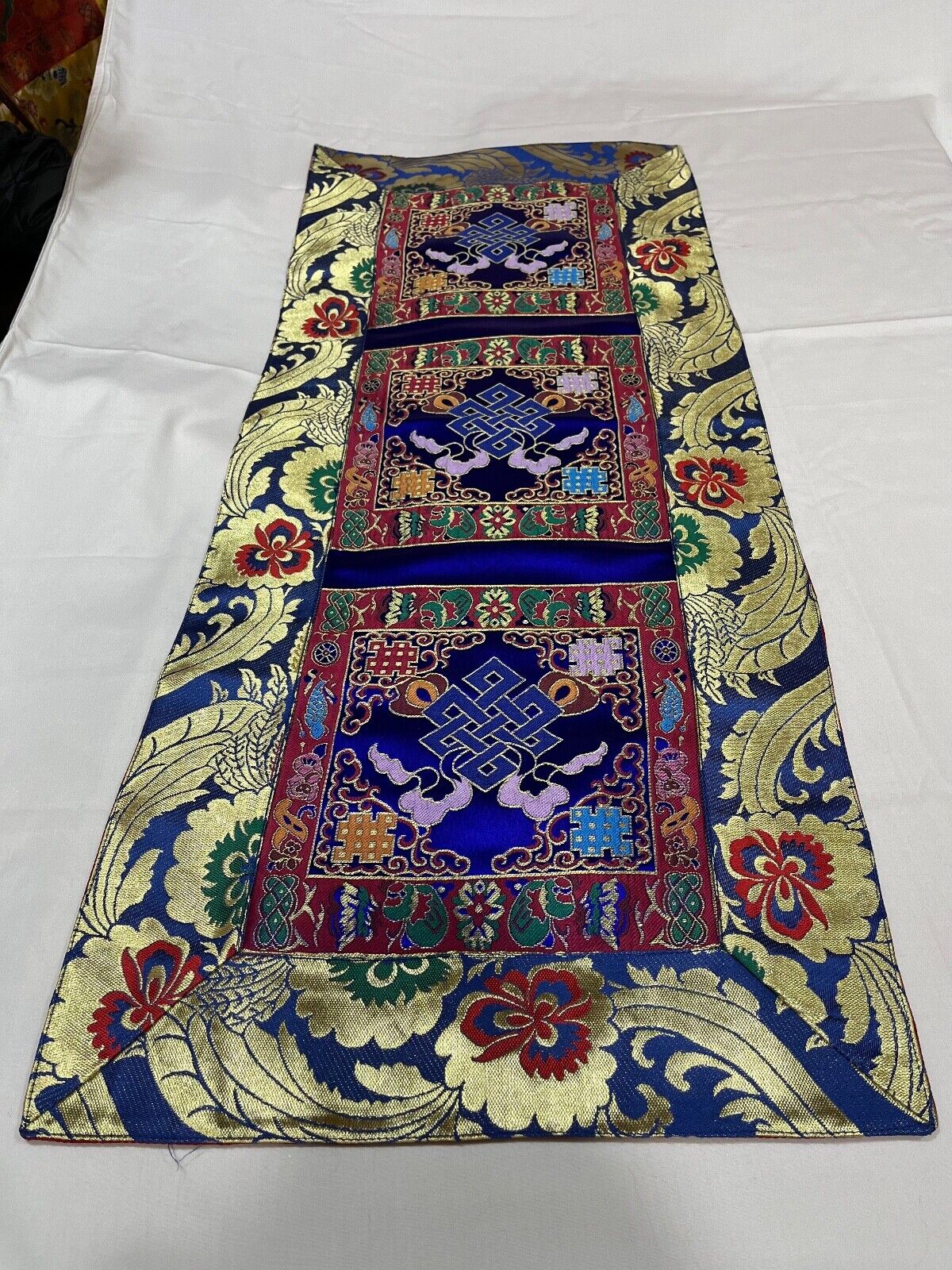 Tibetan Buddhist blue silk brocade endless knot runner/table cover/altar cloth