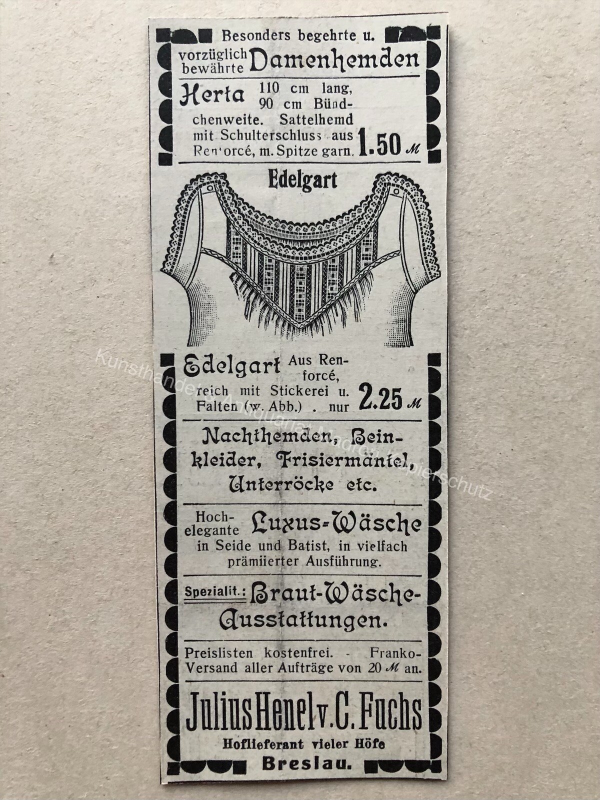 Julius Henel Fuchs, Wroclaw Silesia orig. Advertising 1909, Edelgart Women's Shirts Julius Henel Fuchs, Wroclaw Silesia orig. Advertising 1909, Edelgart Women's Shirts