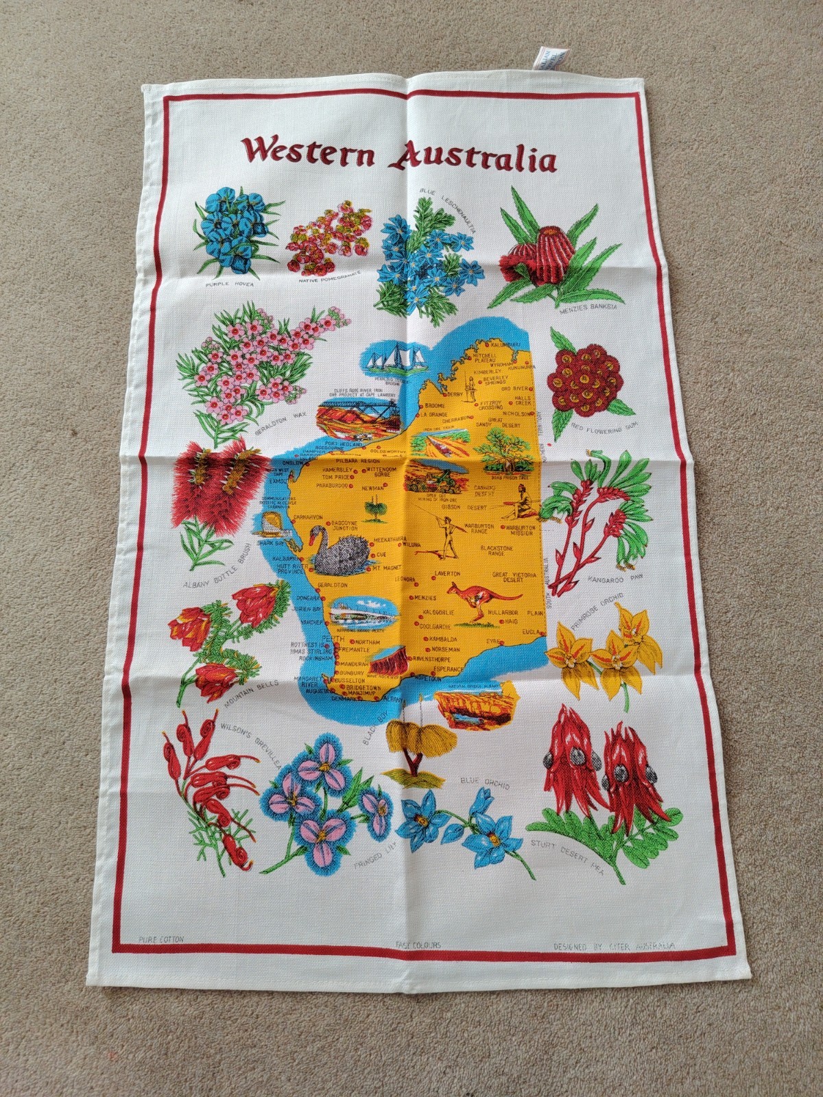 Vintage Western Australia Map Flowers Souvenir Tea Towel Cotton 