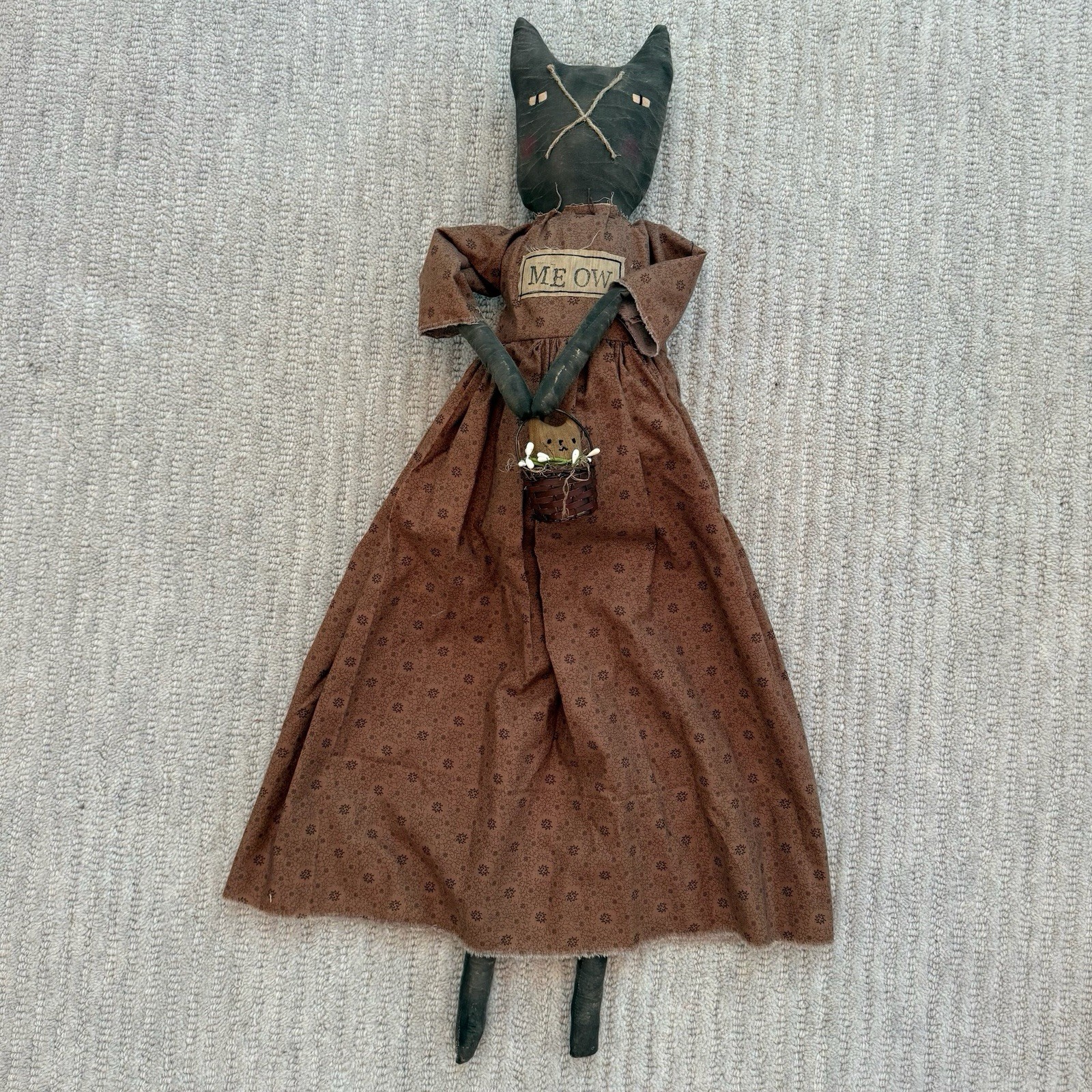 Primitive Grungy Black Cat Cloth Doll Folk Art Me Ow Kitty Basket 32\ Primitive Grungy Black Cat Cloth Doll Folk Art Me Ow Kitty Basket 32\