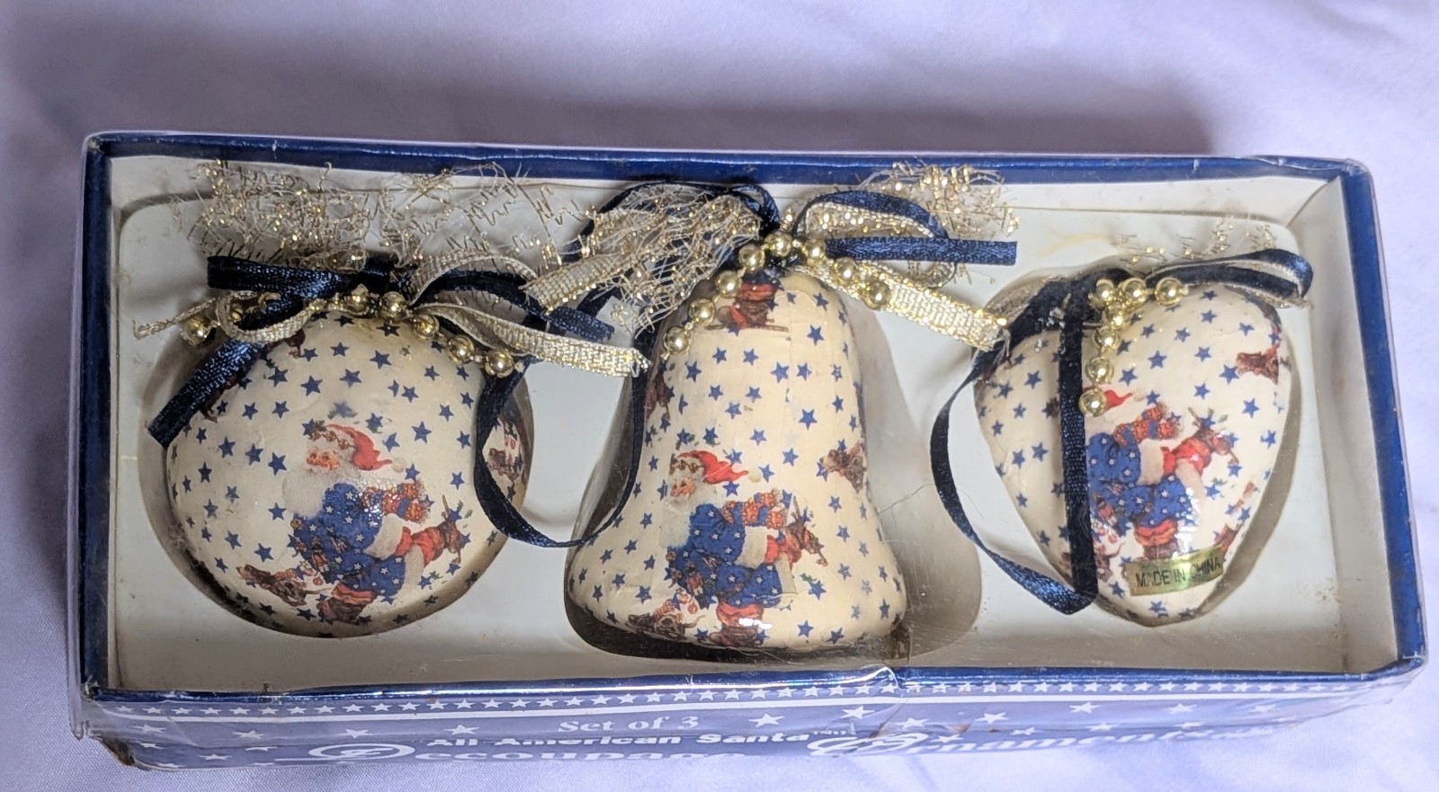 Vtg Giftco Set of 3 Decoupage Paper Machete Ornaments Ball Heart Bell Santa NIB