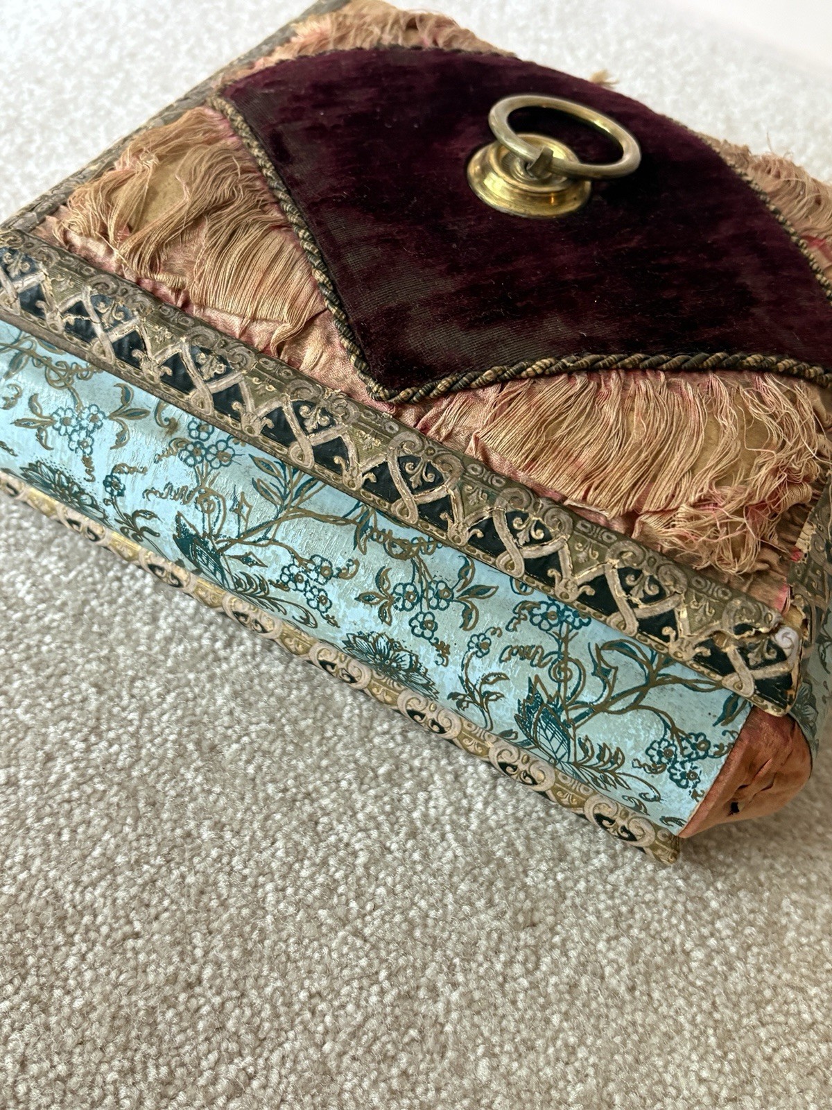 Antique Victorian French Cartonnage Boudoir Box - Silk, Velvet, 1880s Lithograph