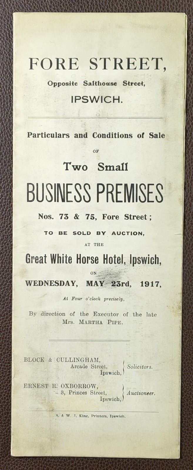 1917 Fore Street Ipswich Nos. 73 & 75 Small Business Premises Auction Particular
