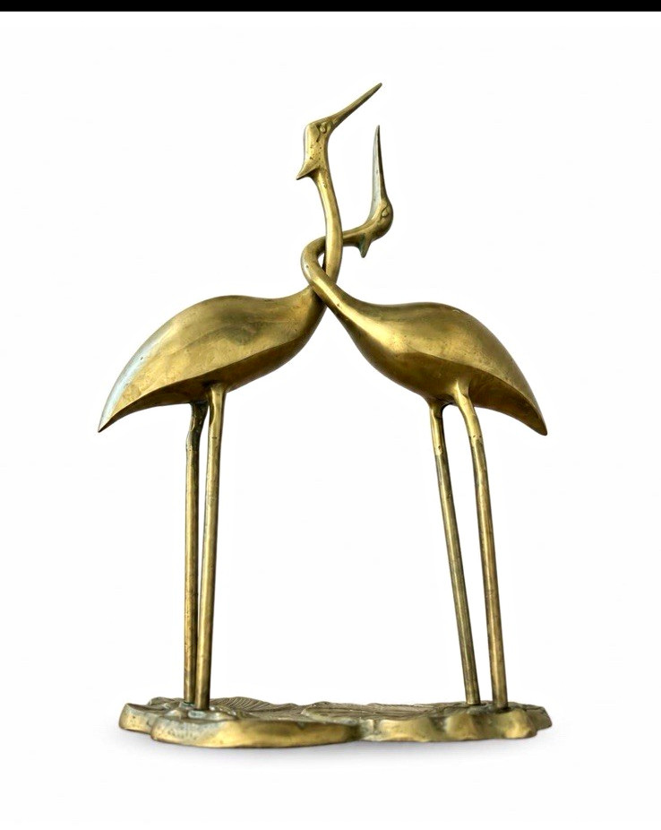 Brass Crane Bird Figurine Pair Long-Legged Sculpture Statue on Lily Pad Base