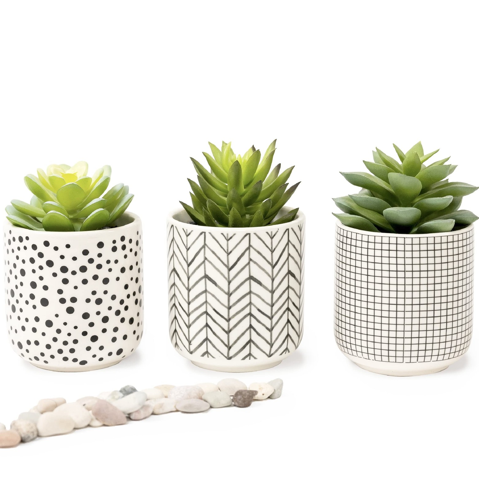 Kurrajong Farmhouse Artificial Succulents Set of 3 Black & White Pots 4.75\ Kurrajong Farmhouse Artificial Succulents Set of 3 Black & White Pots 4.75\