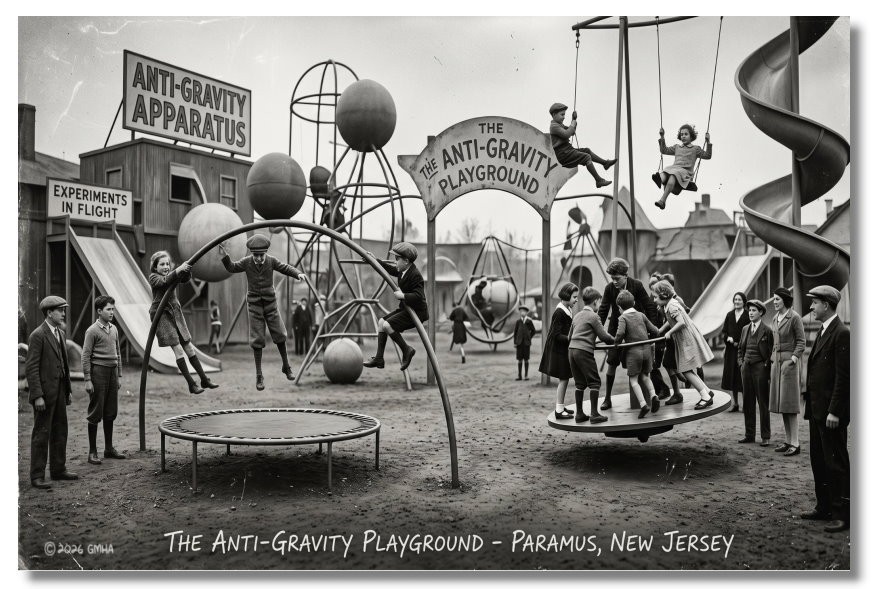 Vintage‑STYLE  ART 1930s RPPC-ANTI GRAVITY PLAYGROUND PARAMUS NJ-FAUX PHOTO