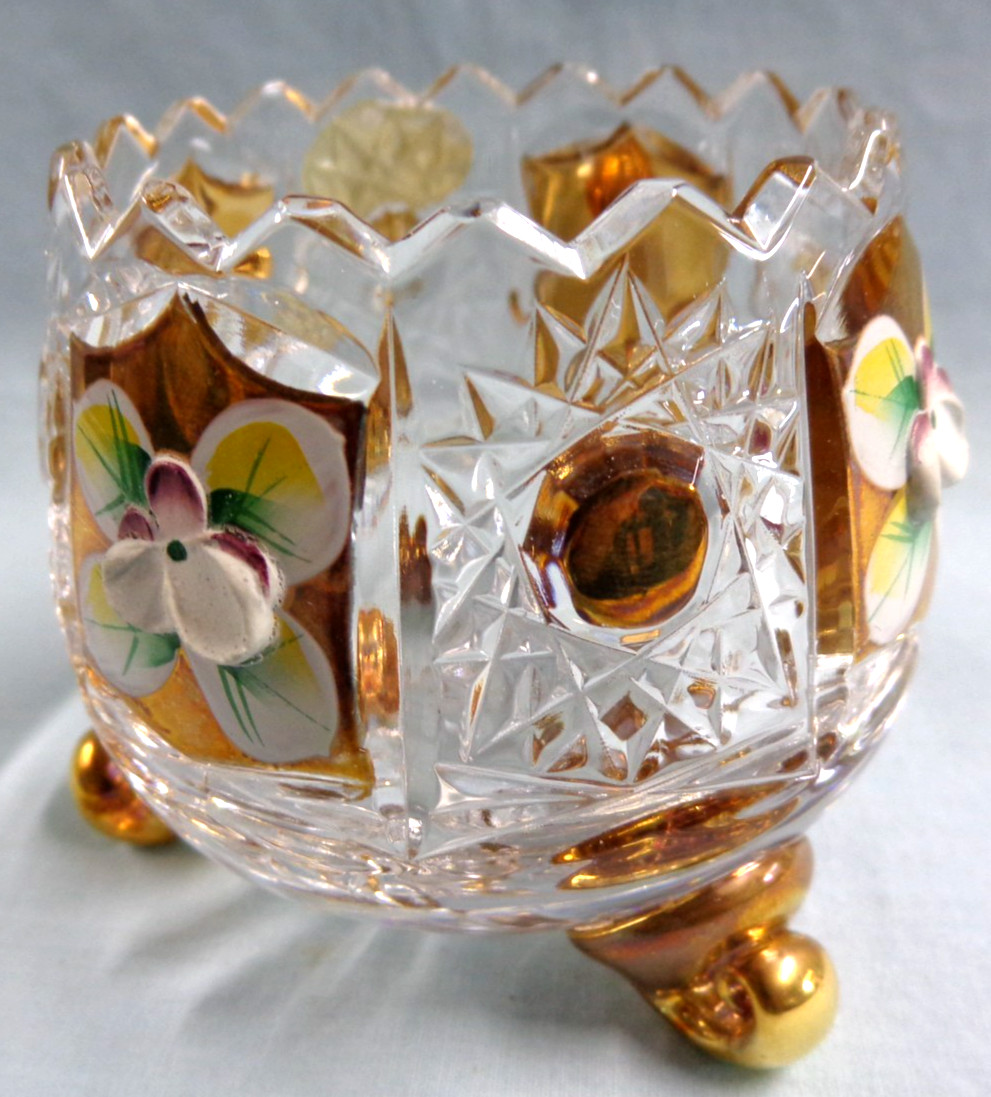 Vintage Bohemian Czech 24%Pb0 Lead Hand Cut Small Crystal Bowl Gold Flowers