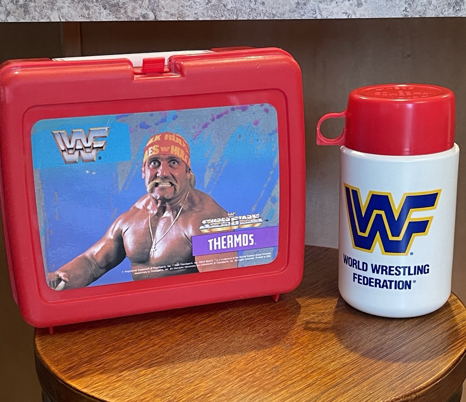 Vintage WWF Superstars 1989 TitanSports Hulk Hogan Red Lunchbox & Thermos