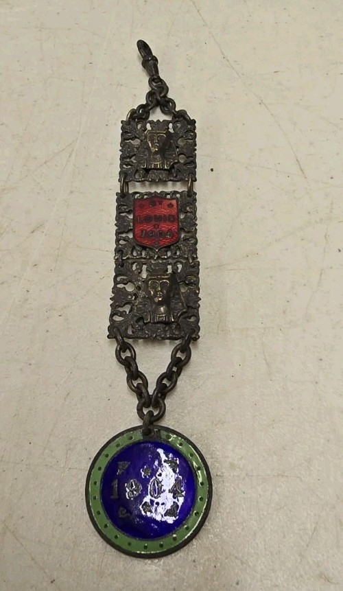 Antique 1904 Worlds Fair St Louis Enamel Watch Fob Ladder Sphinx Old Cairo Pike
