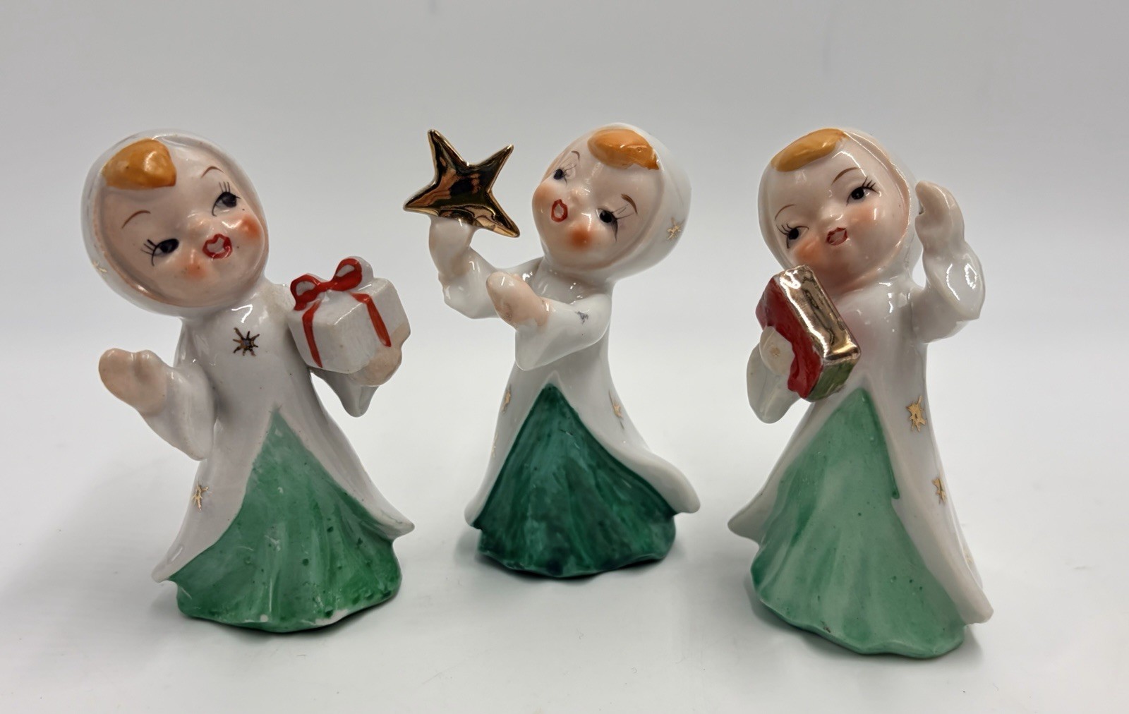 VTG RARE 3 Green Napco? Christmas Gold Starburst Atomic Girl Choir Set Japan EUC