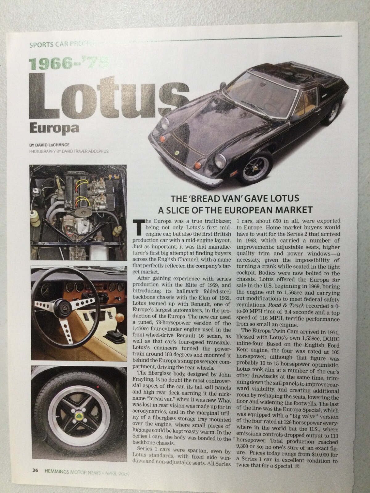 HMN 1452 Article Sports Car Profile 1966 - 1975 Lotus Europa April 2009 1 page