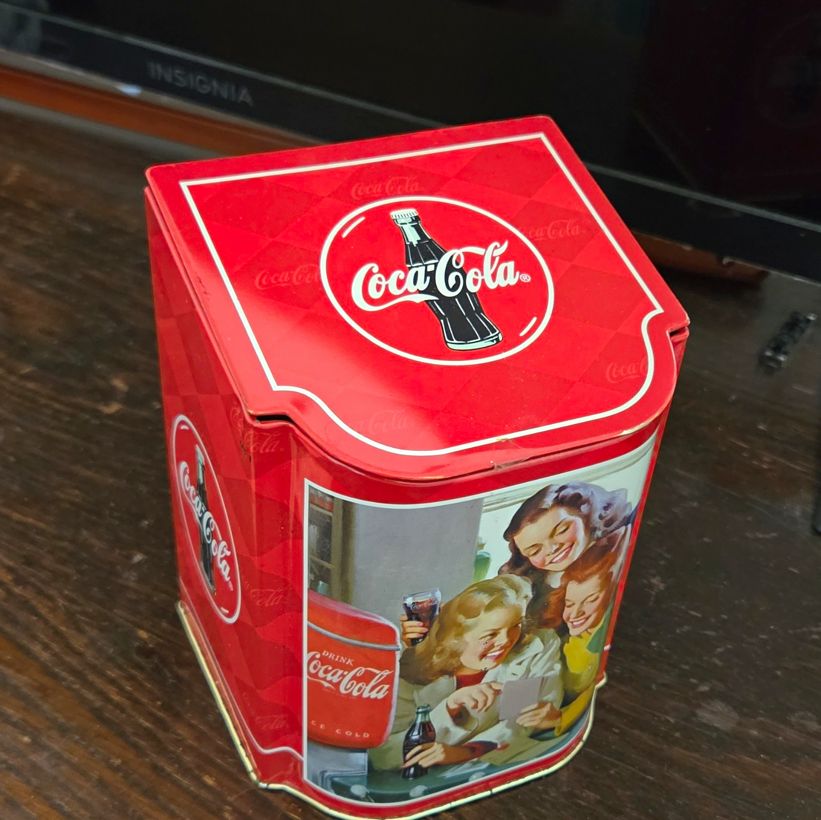 Coca-Cola Red & White Soda Advertising Tin Canister w/ Vintage Family Graphics