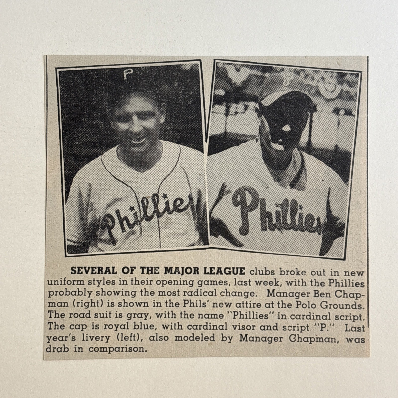 Ben Chapman Philadelphia Philles New Uniforms 1946 Sporting News Baseball 4X4 Ben Chapman Philadelphia Philles New Uniforms 1946 Sporting News Baseball 4X4