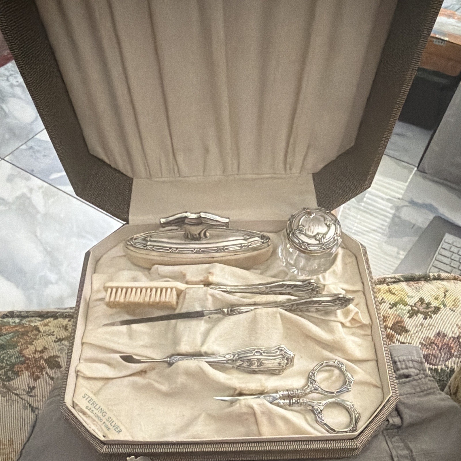 Antique Sterling Silver Manicure Vanity Set Cased 925 German Tools Glass Jar Antique Sterling Silver Manicure Vanity Set Cased 925 German Tools Glass Jar