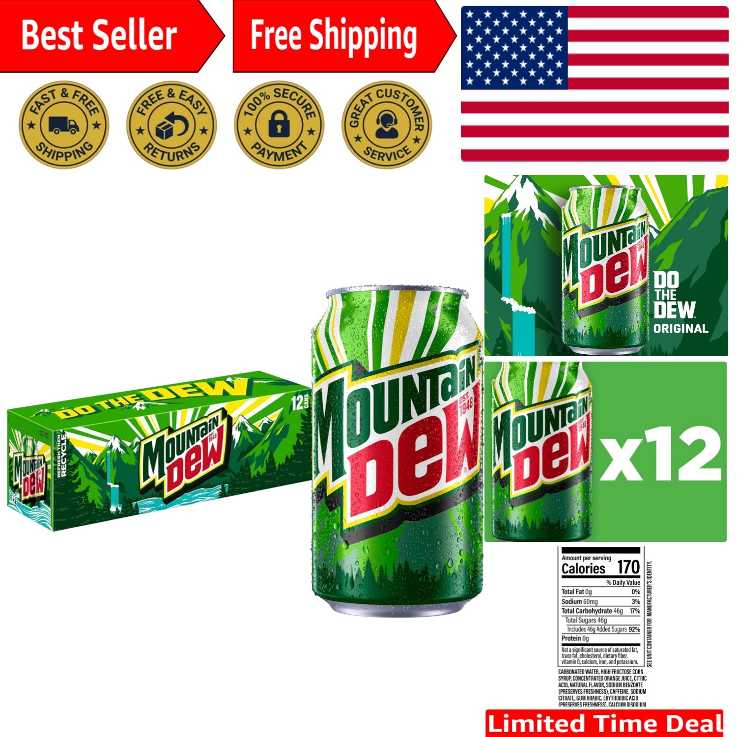Refreshing MTN DEW Soda - 12 Cans of 12 Fl Oz Each, Perfect for Sharing Refreshing MTN DEW Soda - 12 Cans of 12 Fl Oz Each, Perfect for Sharing