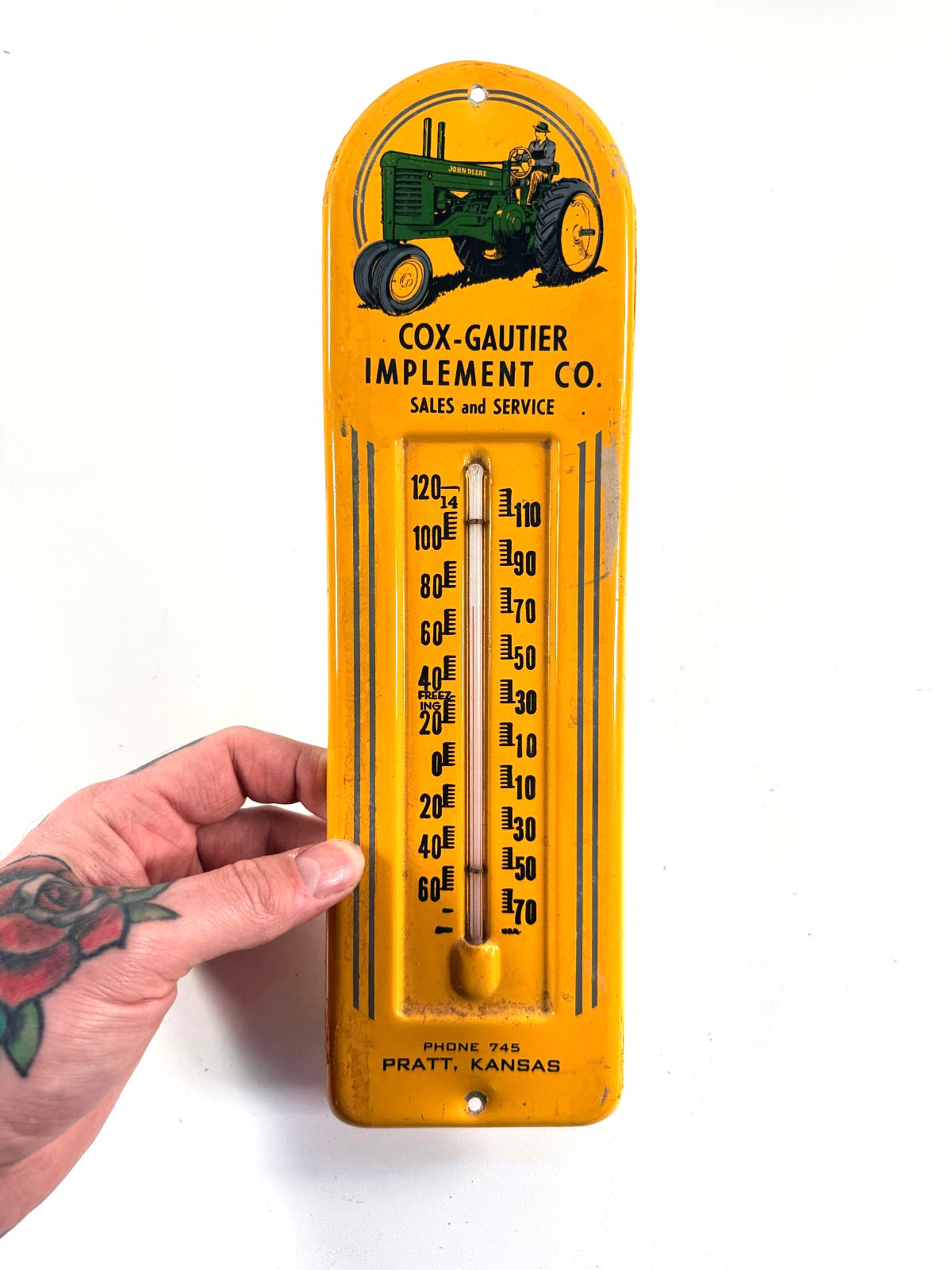 vtg 1950's John Deere Tractor Advertising Thermometer Cox Gautier Pratt KS sign vtg 1950's John Deere Tractor Advertising Thermometer Cox Gautier Pratt KS sign