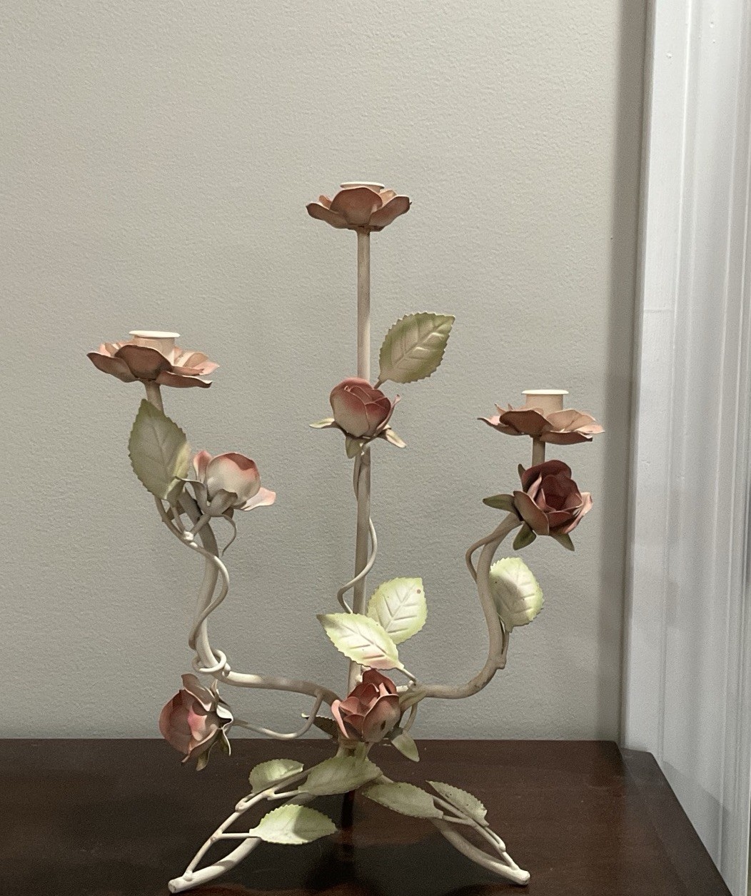 2 Vintage Mid-century Italian Style Floral Toleware Candelabra 2 Vintage Mid-century Italian Style Floral Toleware Candelabra