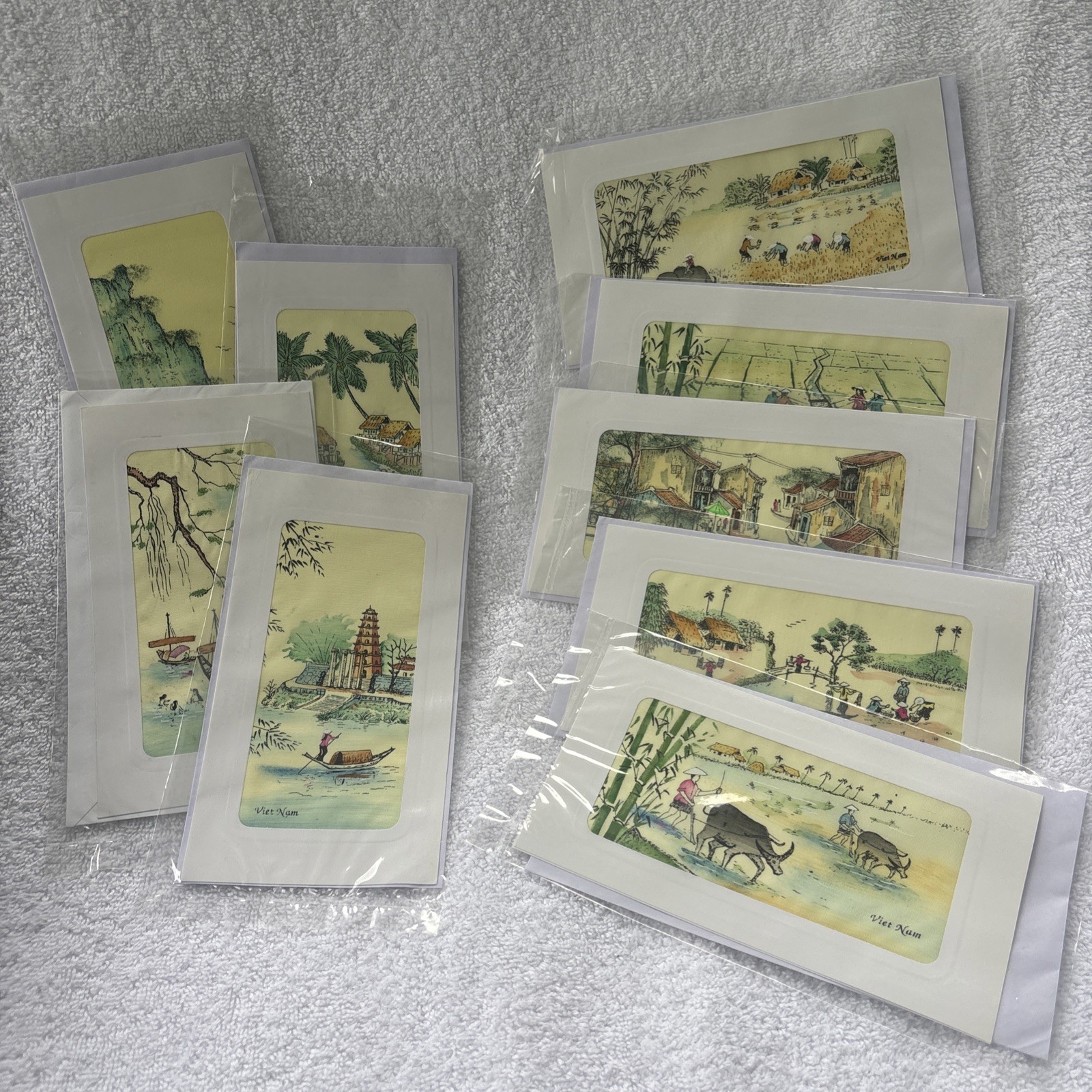 9 Vintage Vietnam Greeting Cards Hand-Painted Fabric Silk Art Village Scenes 9 Vintage Vietnam Greeting Cards Hand-Painted Fabric Silk Art Village Scenes