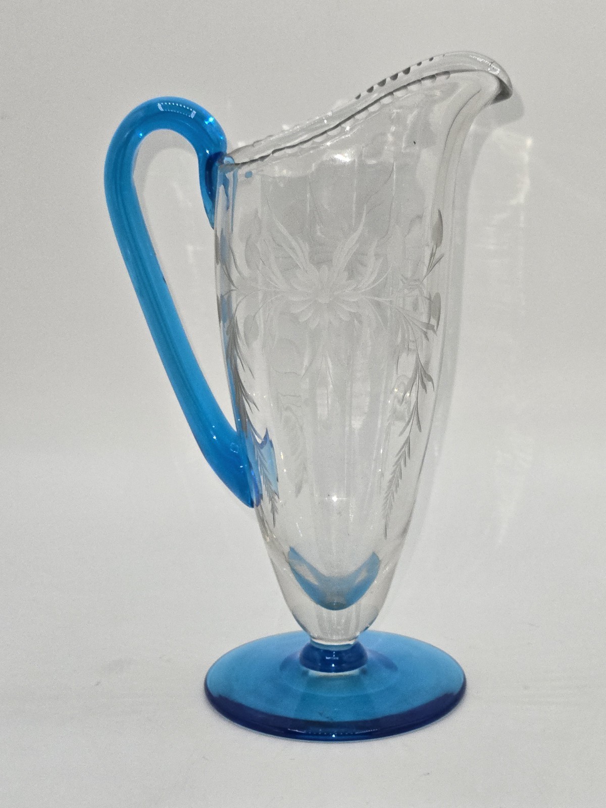 Steuben Celeste Blue Art Glass Creamer Acid Etched Floral Applied Handle 7” Steuben Celeste Blue Art Glass Creamer Acid Etched Floral Applied Handle 7”