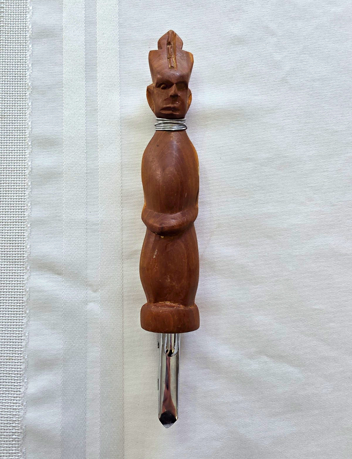 Vtg African Hand Carved Wood Figure Bottle Opener Can Punch Wire Neck Barware 9\