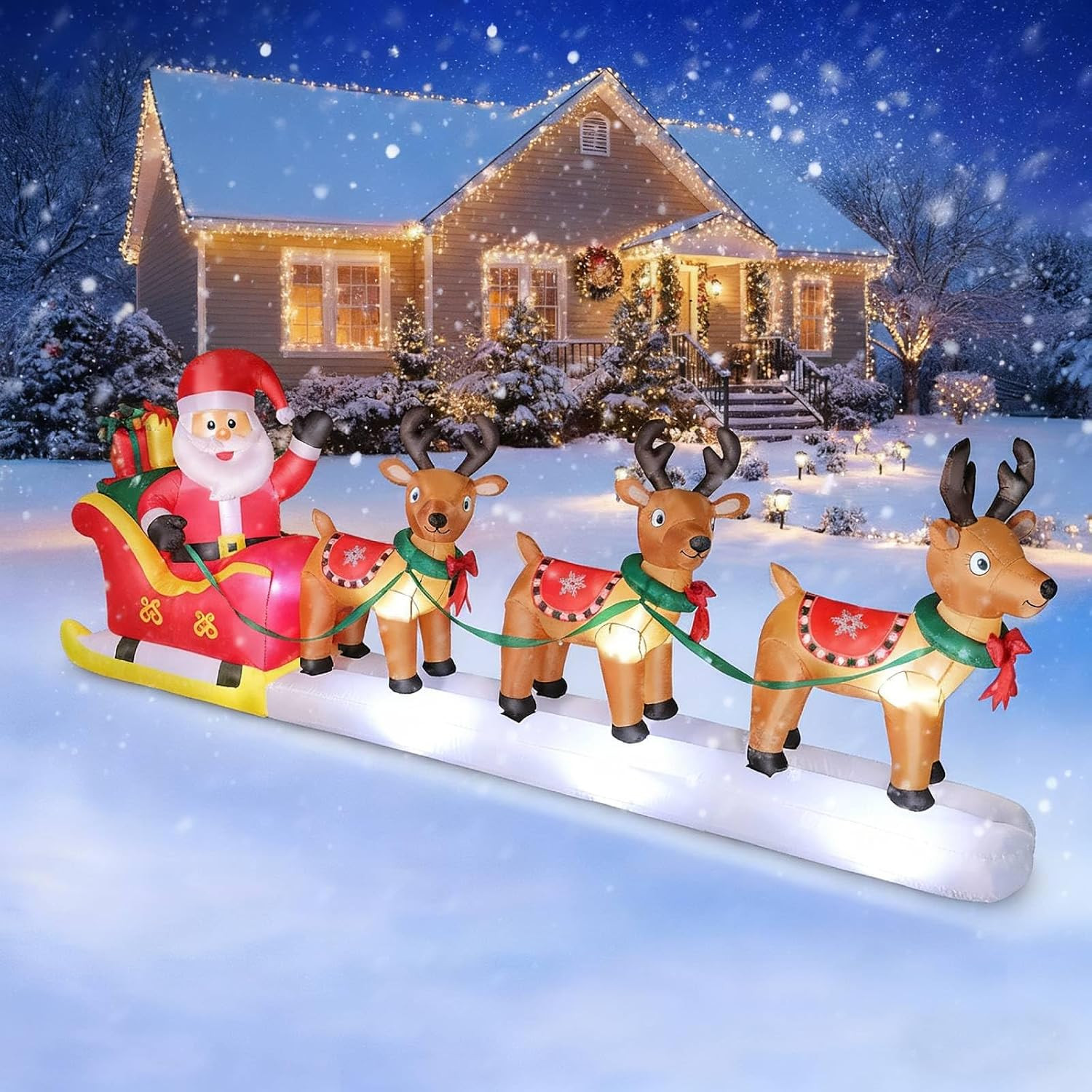 12 FT Christmas Inflatables Santa Claus on Sleigh with 3 Reindeers, Blow up Outd 12 FT Christmas Inflatables Santa Claus on Sleigh with 3 Reindeers, Blow up Outd