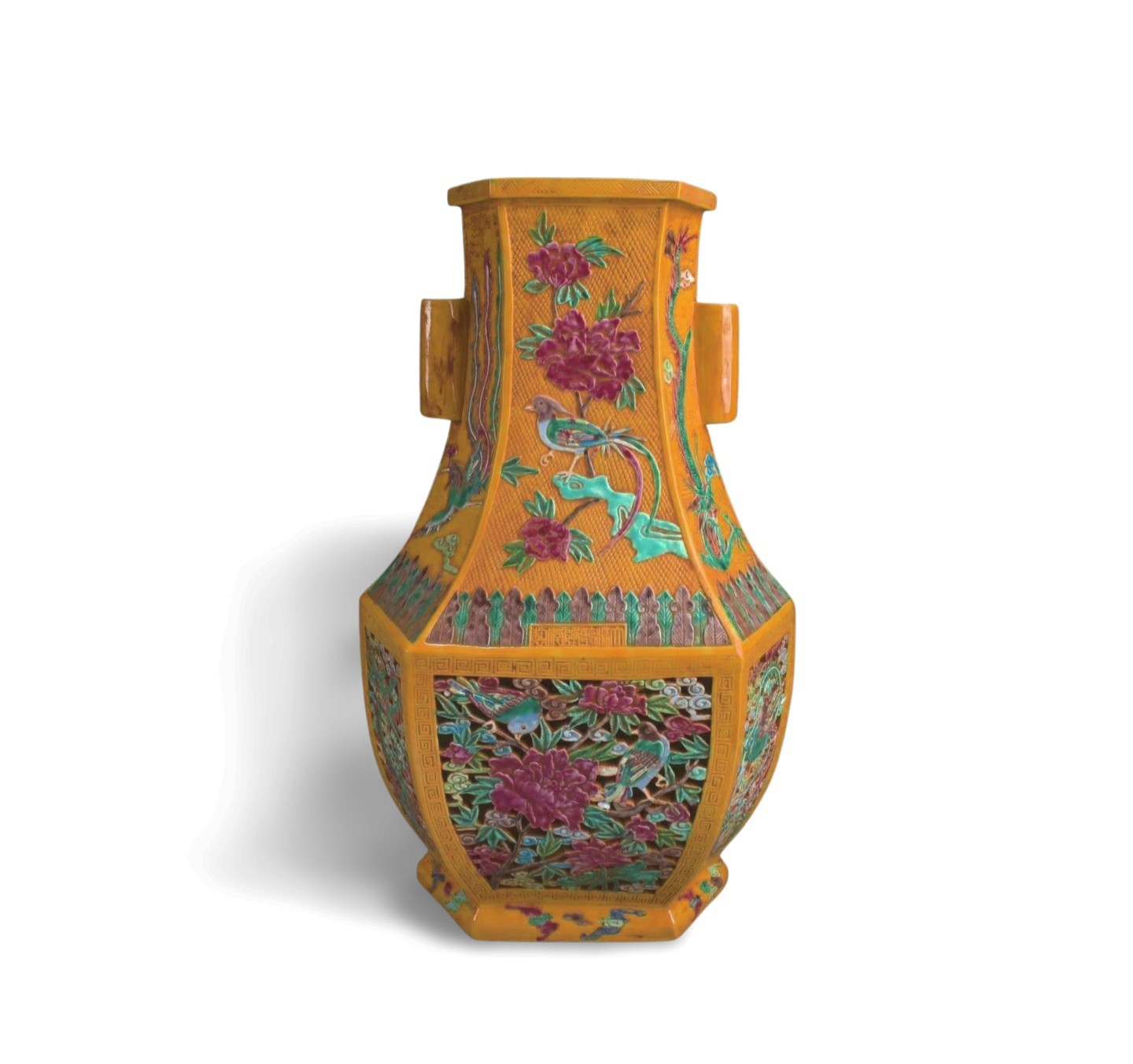 Chinese Famille Jaune Porcelain Vase, flanked by twin cylindrical loop handles Chinese Famille Jaune Porcelain Vase, flanked by twin cylindrical loop handles