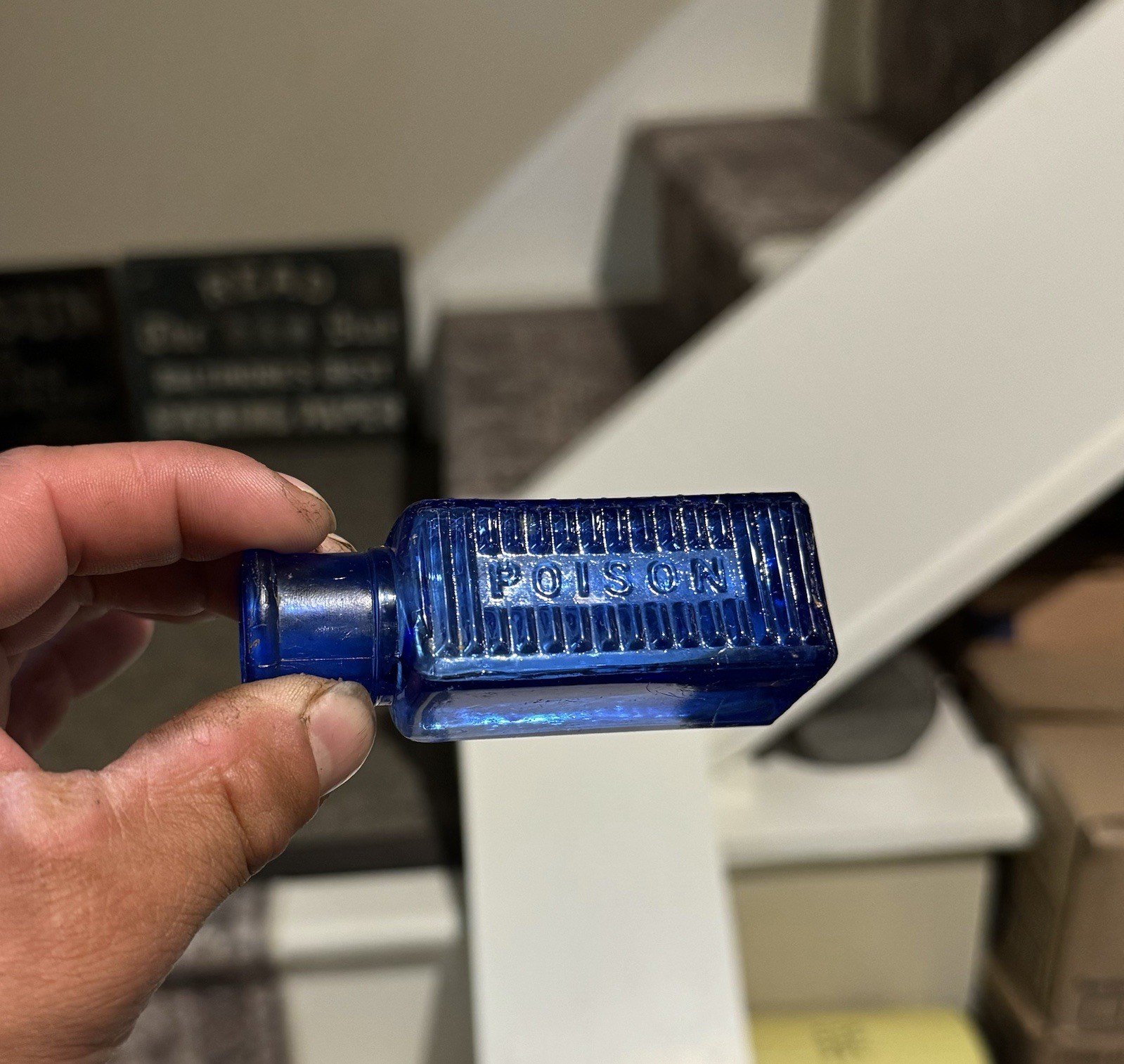Poison Nice Embossed Square Ribbed Cobalt Blue Bottle Early Maryland Glass Mark