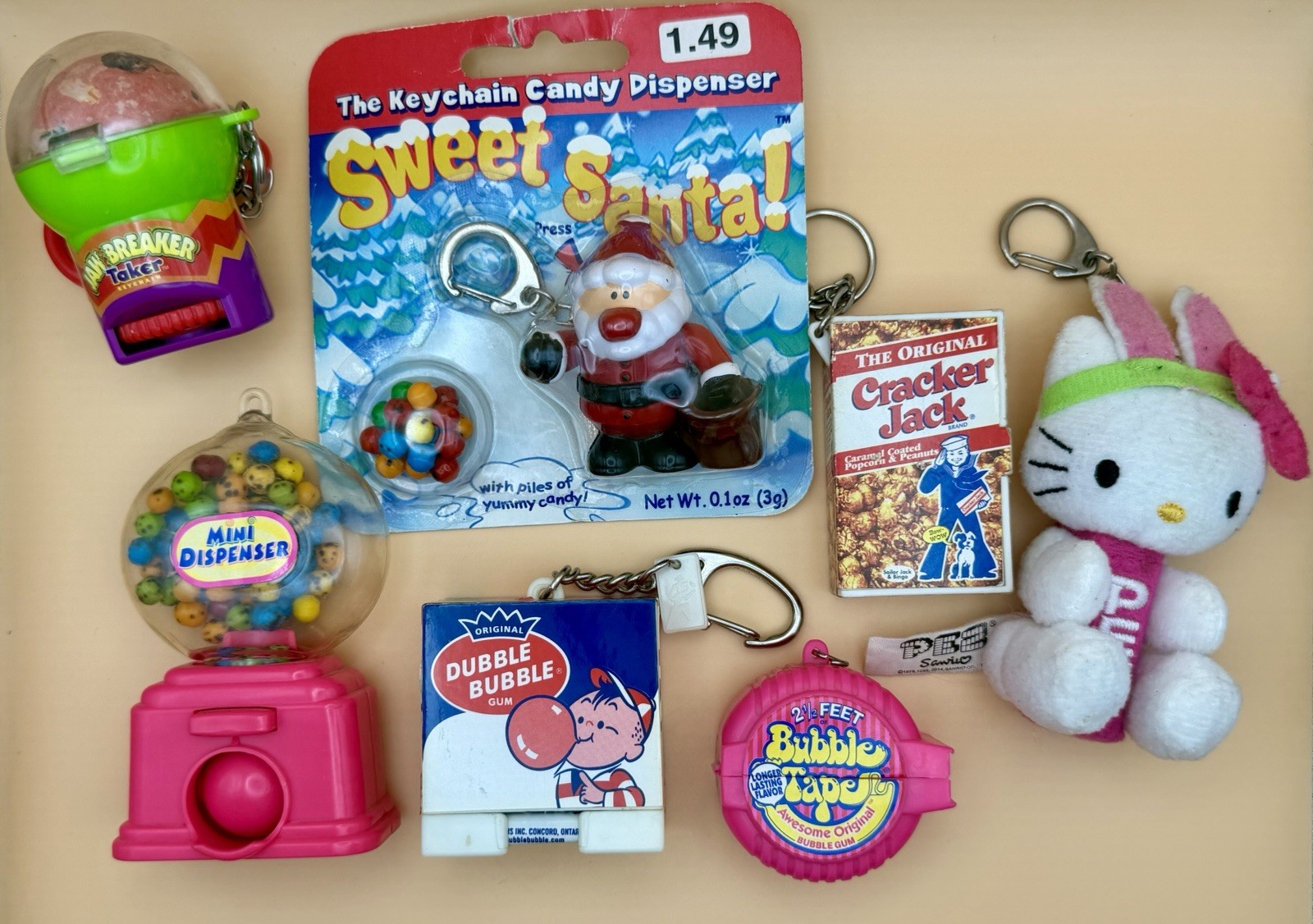 Vintage Candy Keychain Lot 1999 Y2K Dubble Bubble Cracker Jack Hello Kitty Vintage Candy Keychain Lot 1999 Y2K Dubble Bubble Cracker Jack Hello Kitty