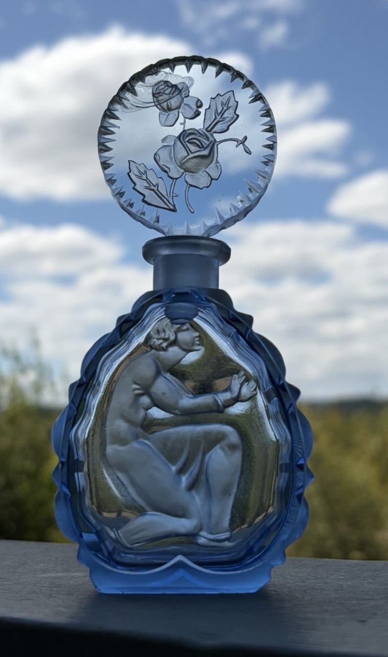 Rare VTG Art Deco Bohemian Perfume Bottle Blue Glass Made in Czechoslovakia READ