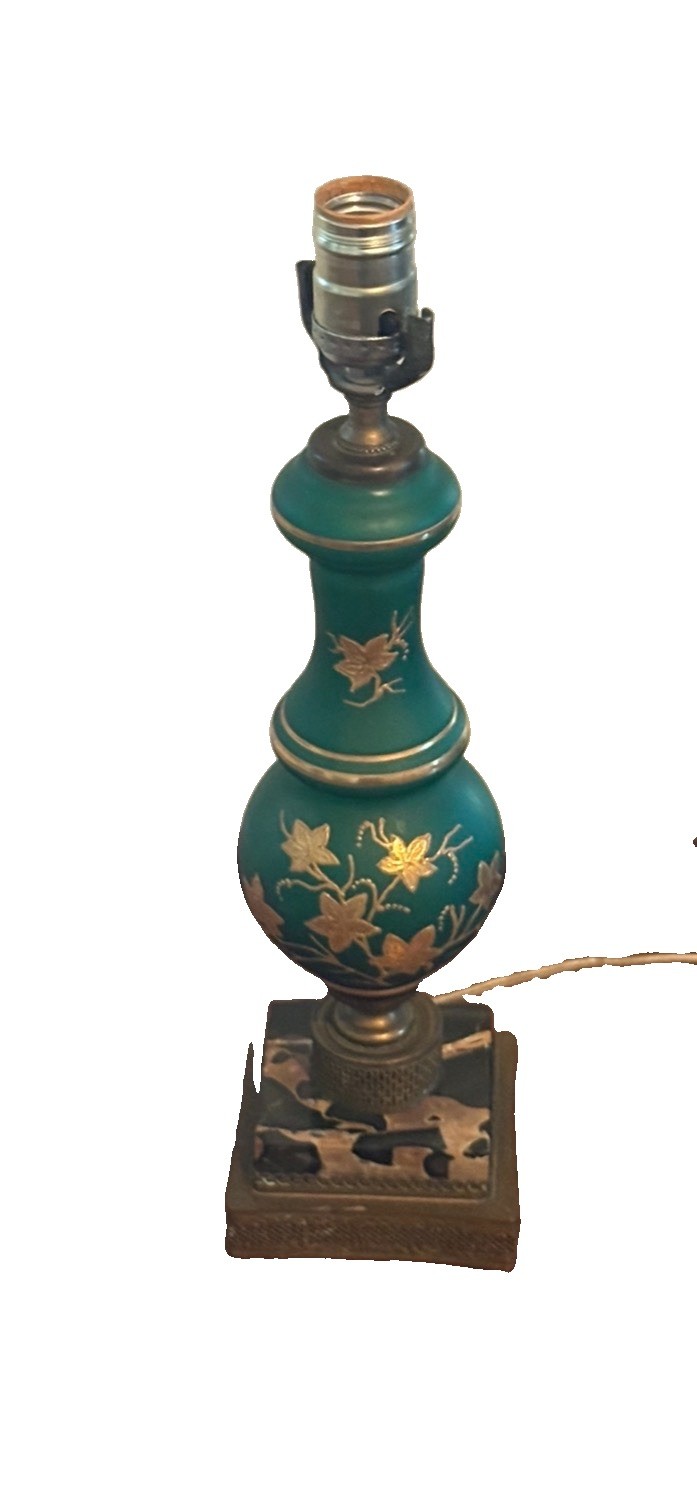 VTG Hollywood Regency Teal Green Porcelain Table Lamp Gold Floral Ornate Base