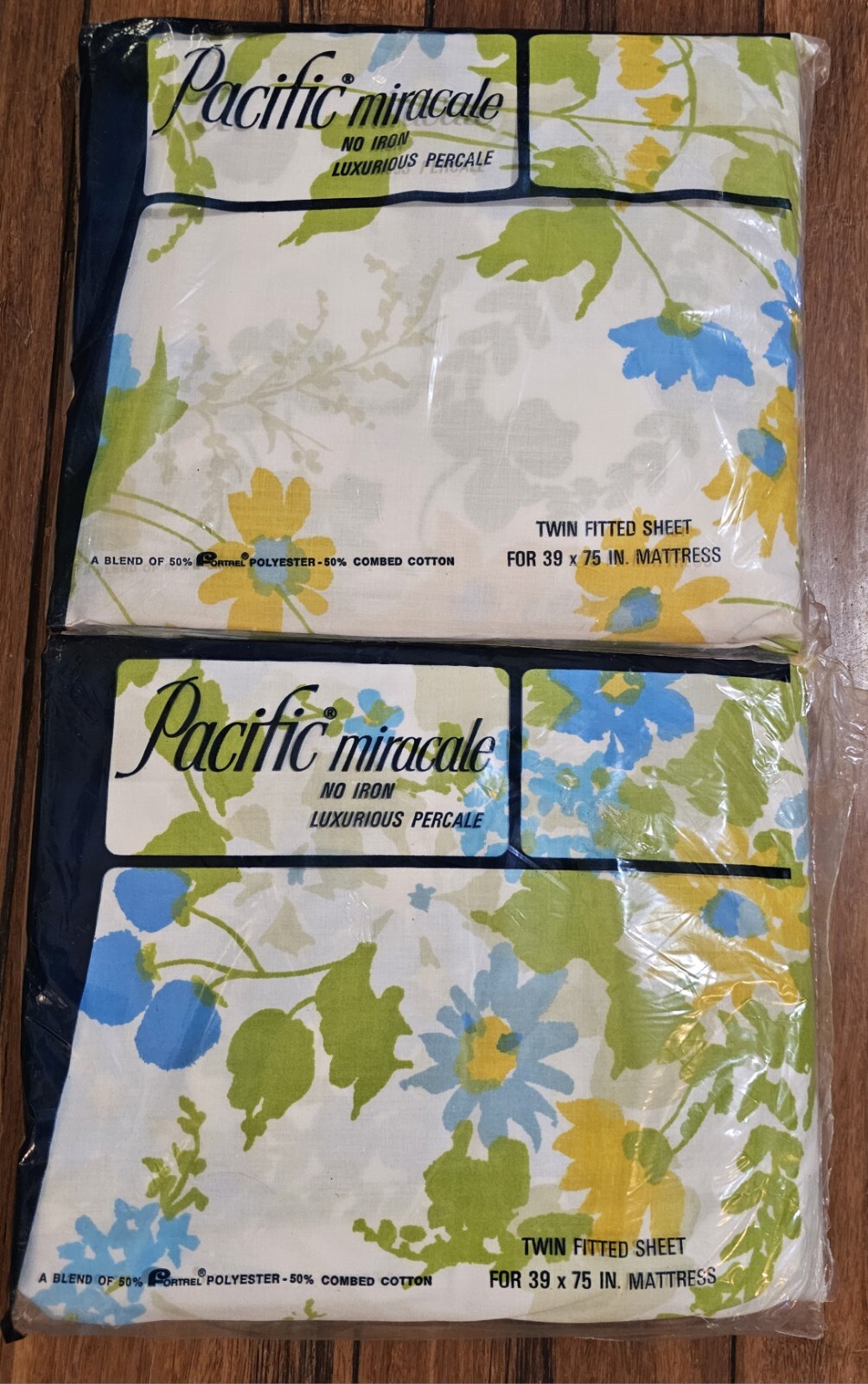 Vintage Pacific Miracale Twin Fitted Sheet Blue Yellow Shadow Flowers Lot Of 2