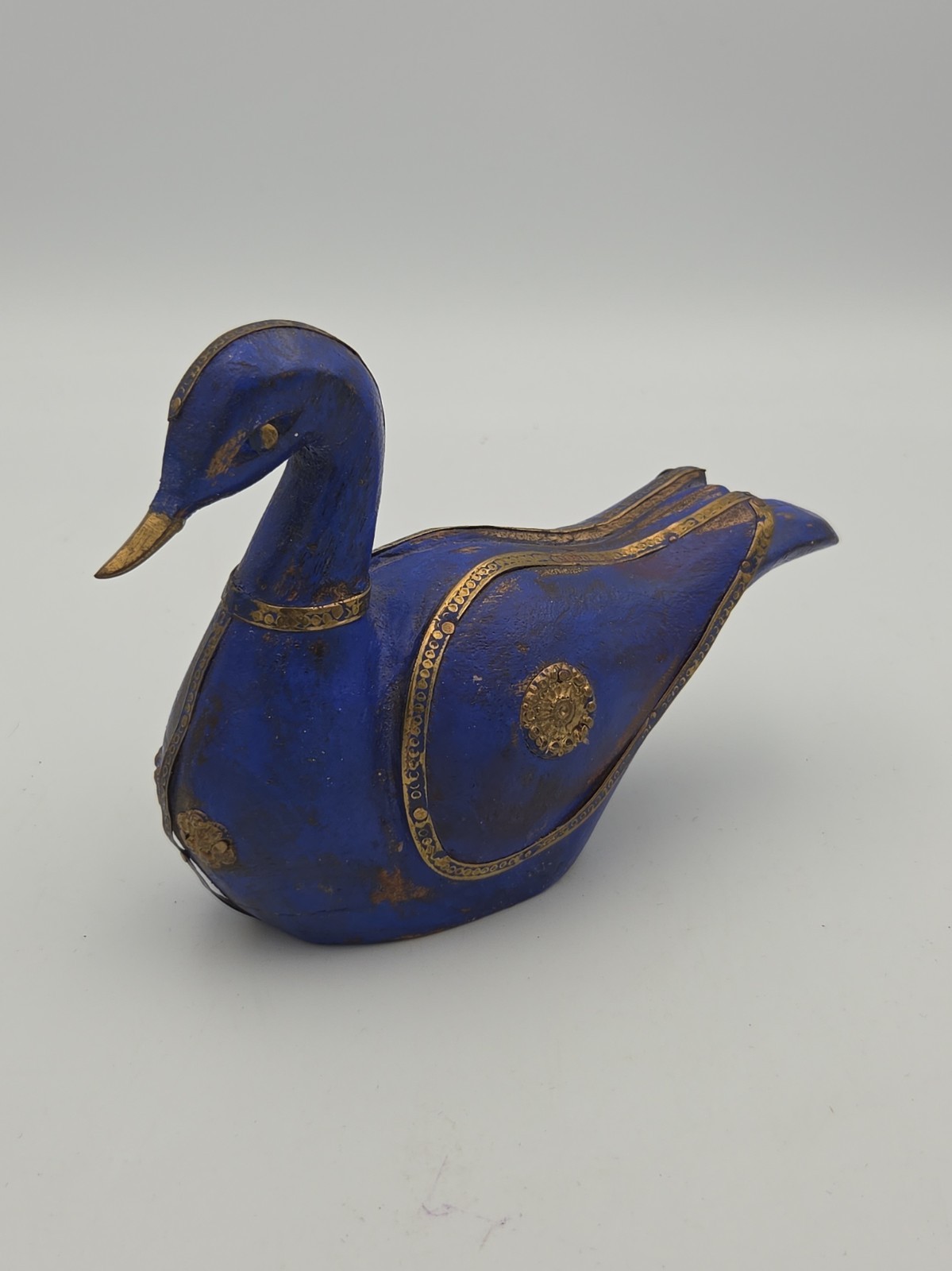 Vtg 1960’s Folk Art Carved Wooden Duck Hammered Copper Brass Accents Blue