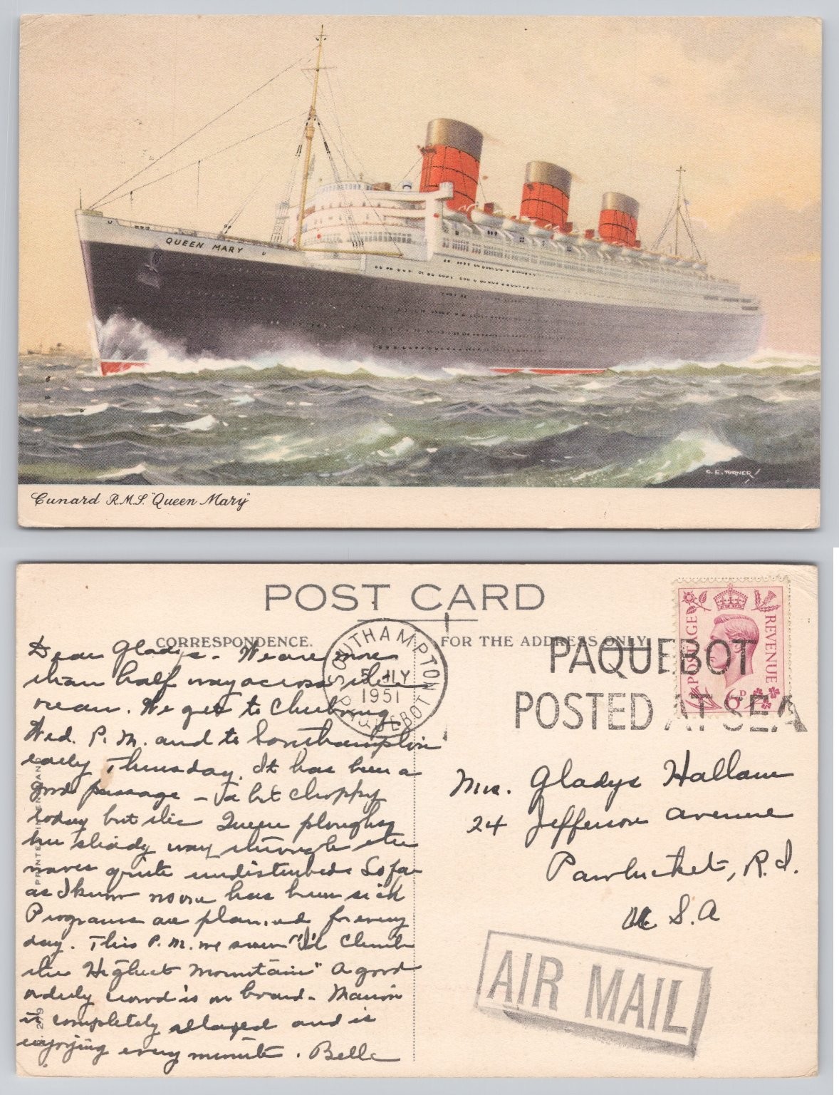 RMS Queen Mary Ocean Liner Postcard 1951 Paquebot Posted At Sea Southampton