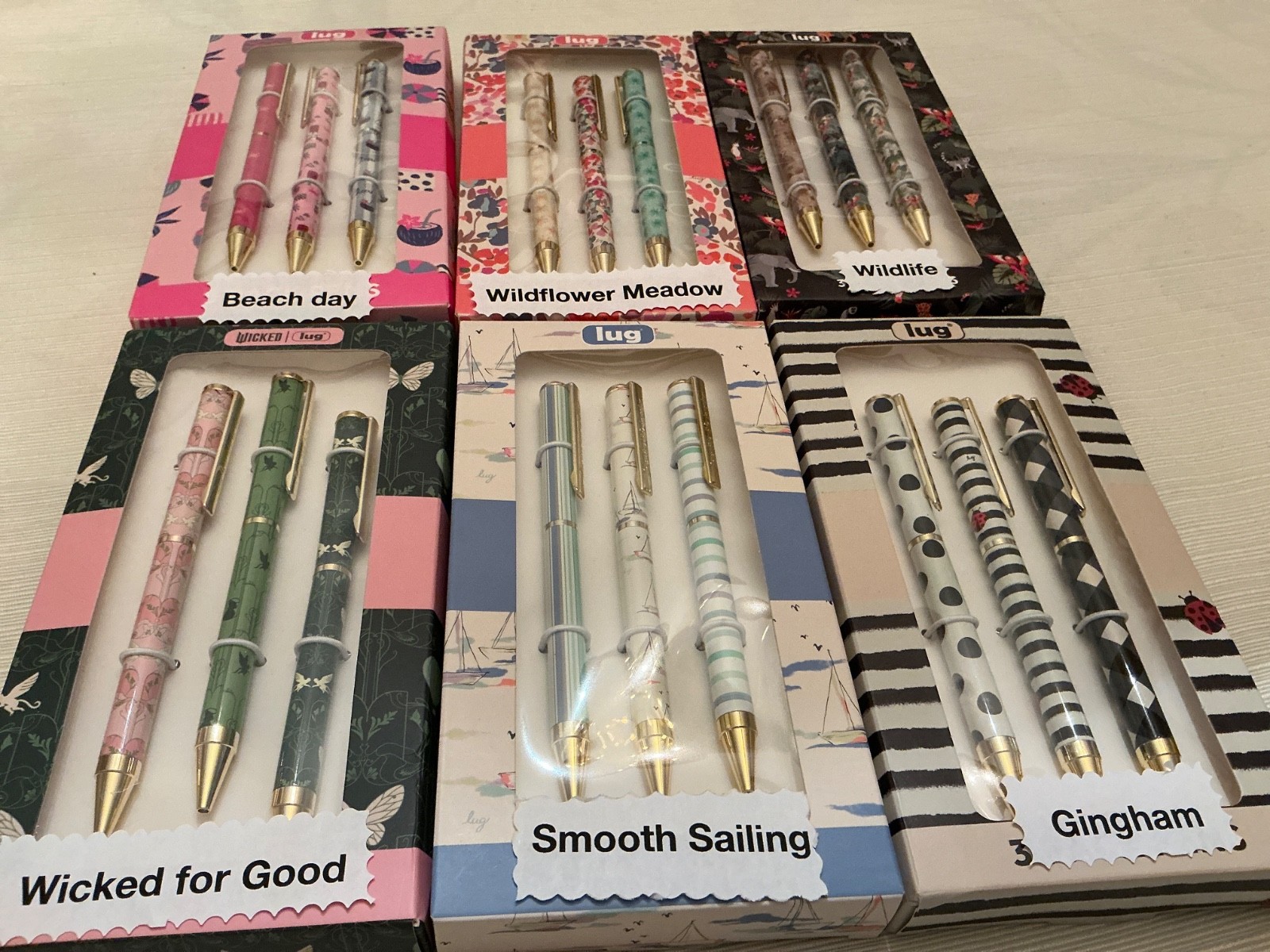 Lug 3pk Pen sets NIB Blk Ink 6 Patterns to choose from (boxes are damaged)