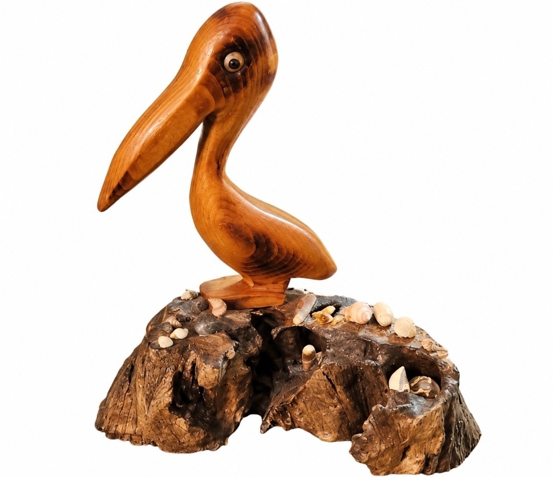 Vintage Hand Carved Wood Pelican on Driftwood Seashell Coastal Decor 10.5\