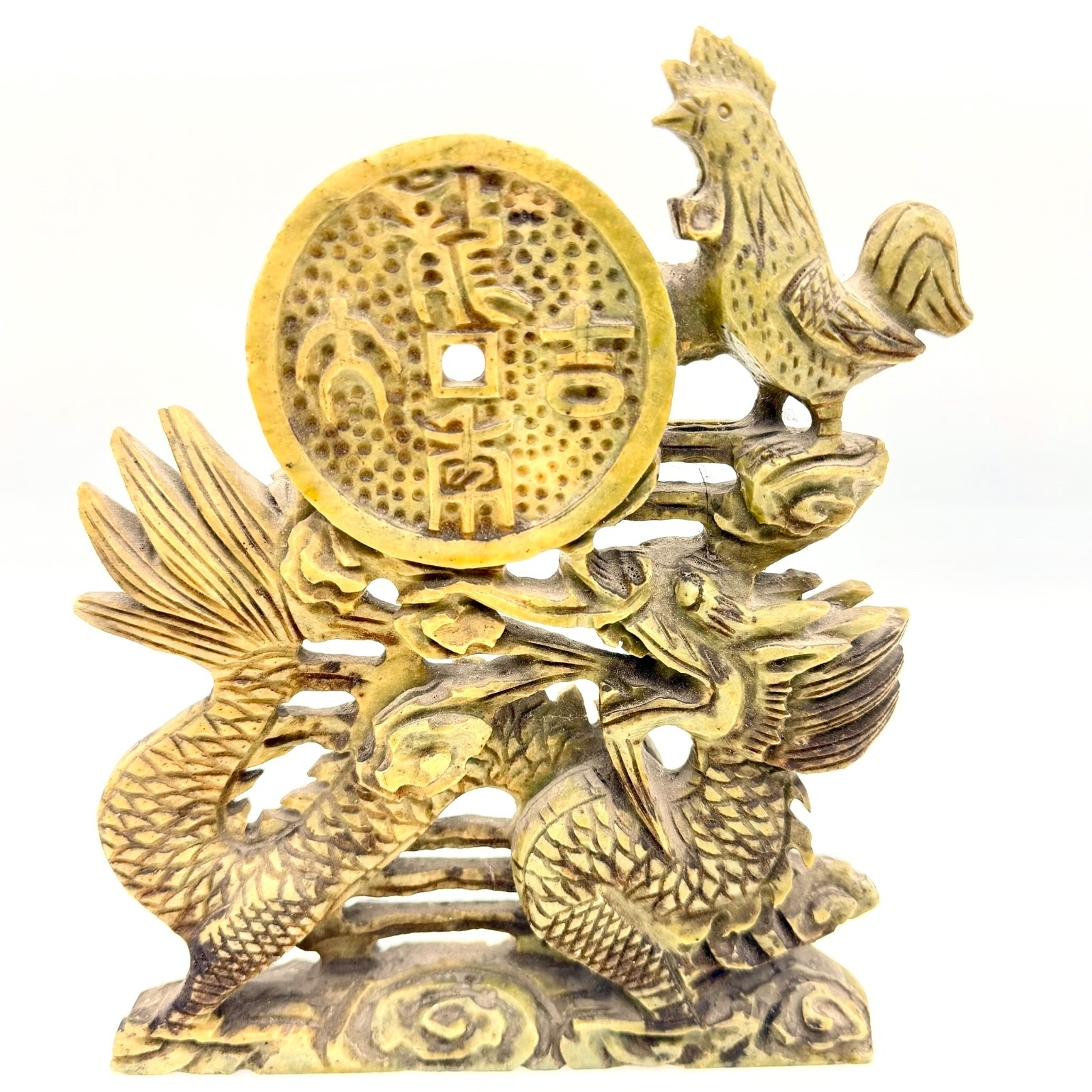 VTG Chinese Soapstone Dragon Phoenix Rooster Coin Openwork Carving Feng Shui Art