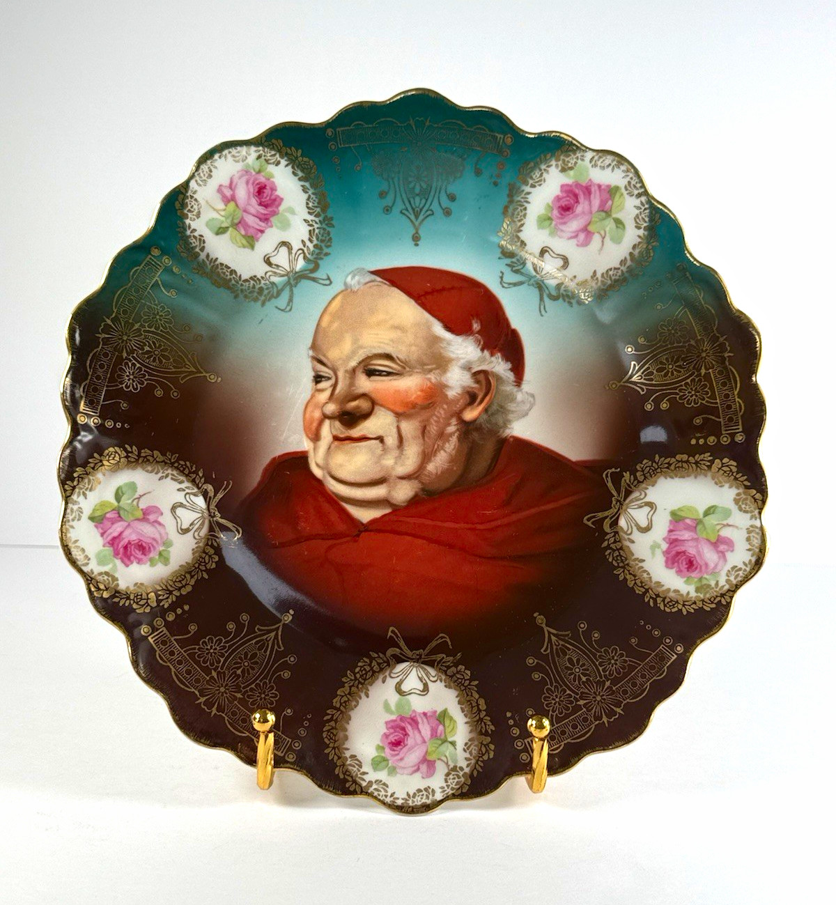 Antique Z.S.&C. Bavaria Punch Friar Monk Portrait Cabinet Plate Gold Roses 10” Antique Z.S.&C. Bavaria Punch Friar Monk Portrait Cabinet Plate Gold Roses 10”