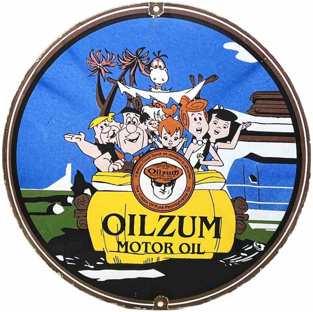 VINTAGE OILZUM MOTOR OIL PORCELAIN METAL WHITE & BAGLEY USA 12” BUTTON GAS SIGN