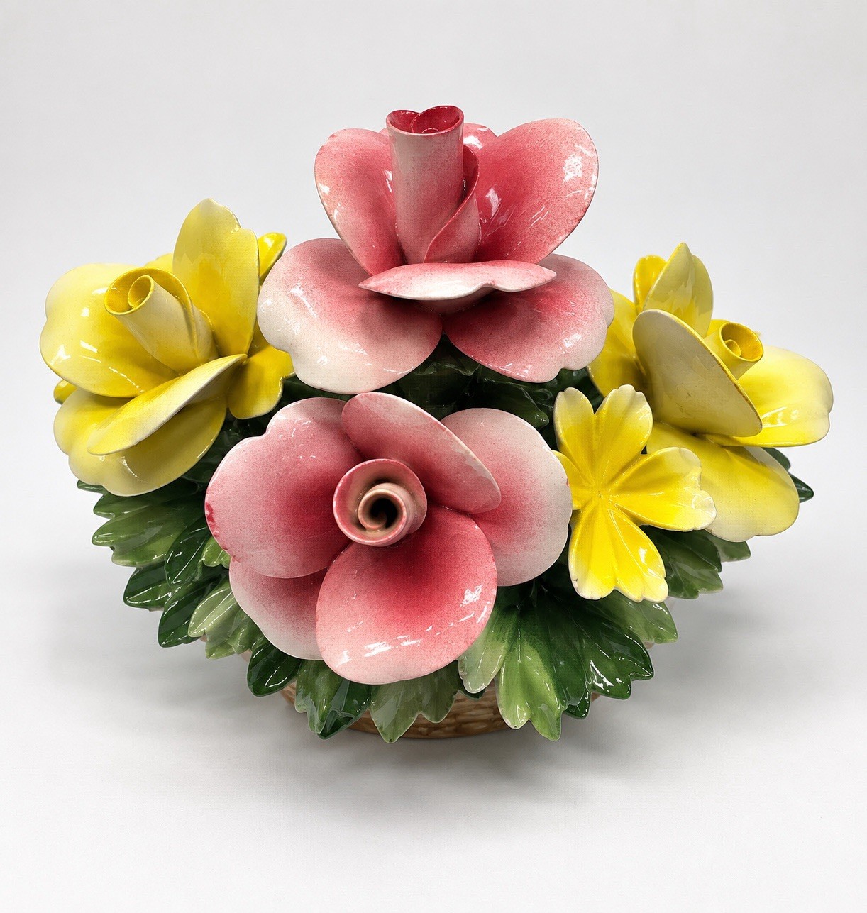 Vintage Capodimonte Porcelain Floral Arrangement Made in Italy Pink Yellow Roses
