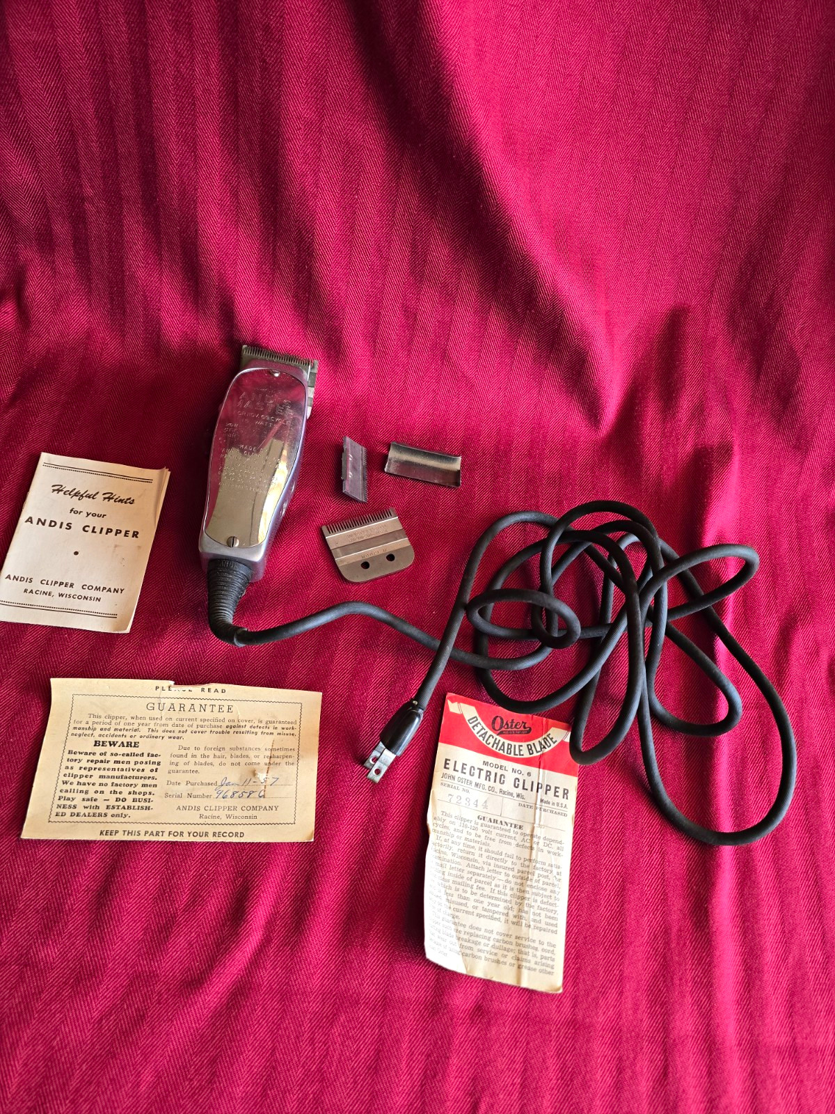 Vintage Andis Master Model M Electric Hair Clipper Set w/ Box Papers Vintage Andis Master Model M Electric Hair Clipper Set w/ Box Papers