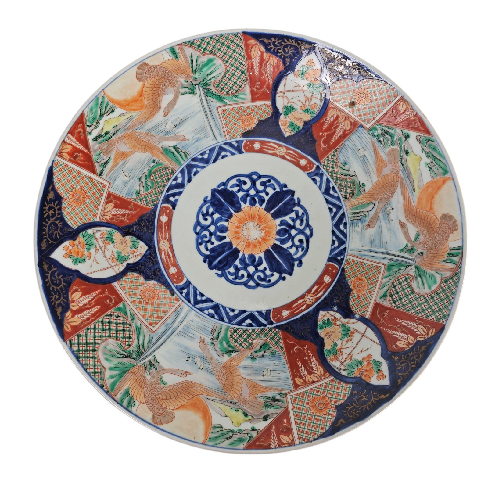 VTG Japanese Imari Porcelain Charger Crane Panel Plate Arita Meiji Era 16\