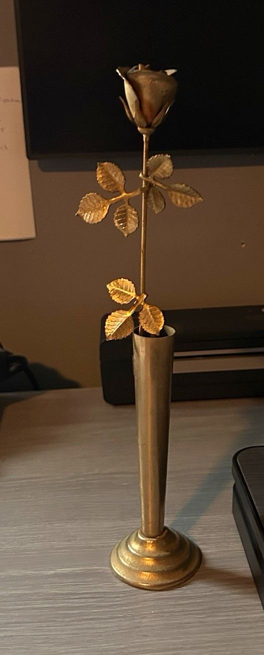 Vintage Brass Long Stem Rose Sculpture in Trumpet Bud Vase (11.5