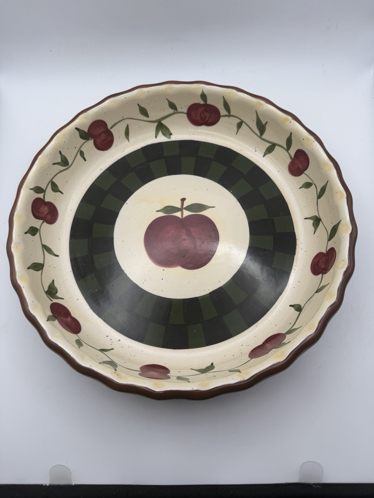 DAXIN Apple Pie Plate 10” Green Checkered Ceramic Stoneware Farmhouse Decor