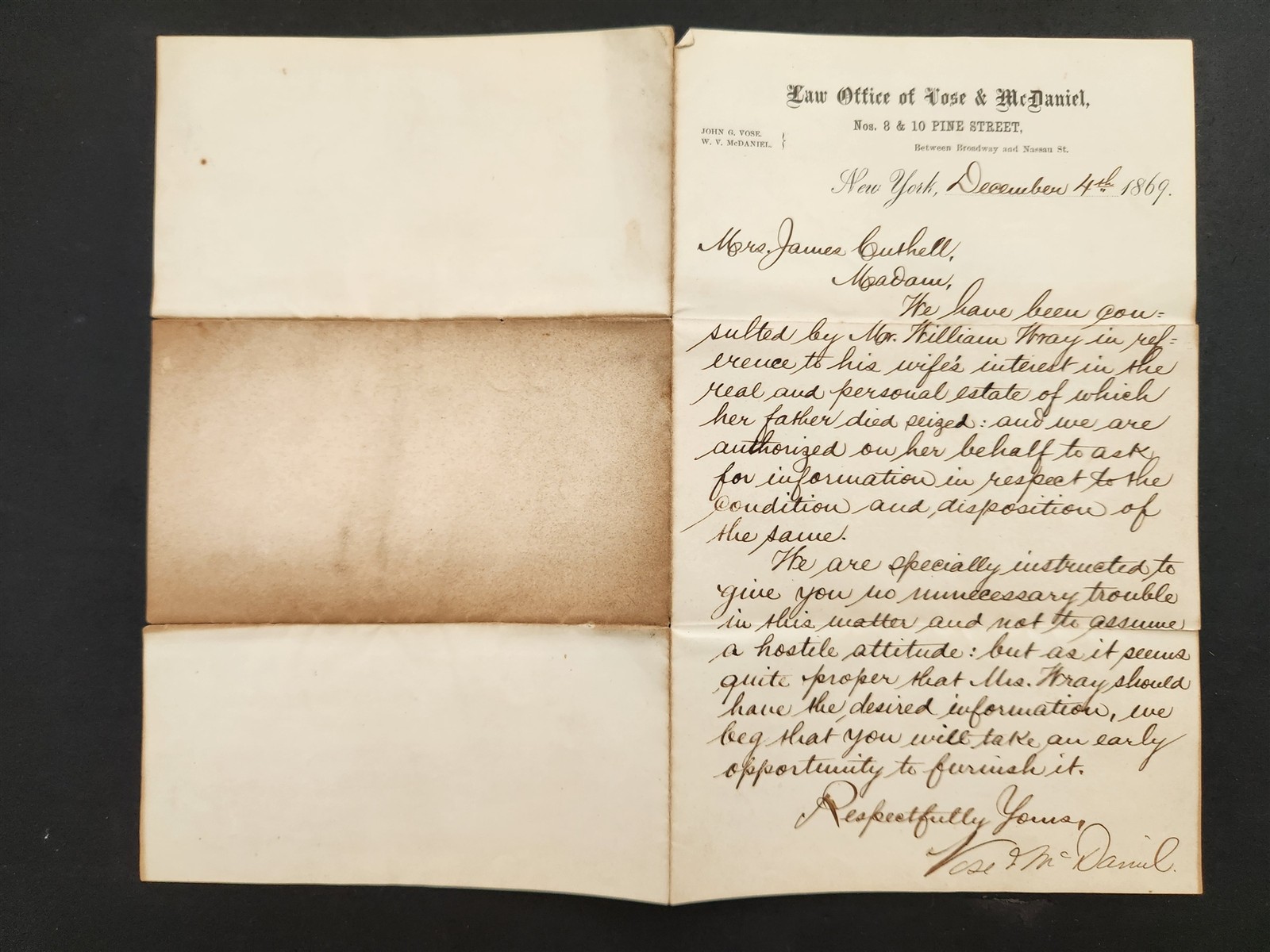 1869 antique VOSE & McDANIEL LAW OFFICE ny LETTERHEAD estate LETTER CUTHELL