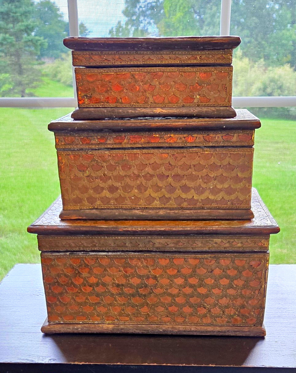 Vintage Anglo-Indian Stamped Brass Overlay Wooden Nesting Boxes – 3-Pc Set