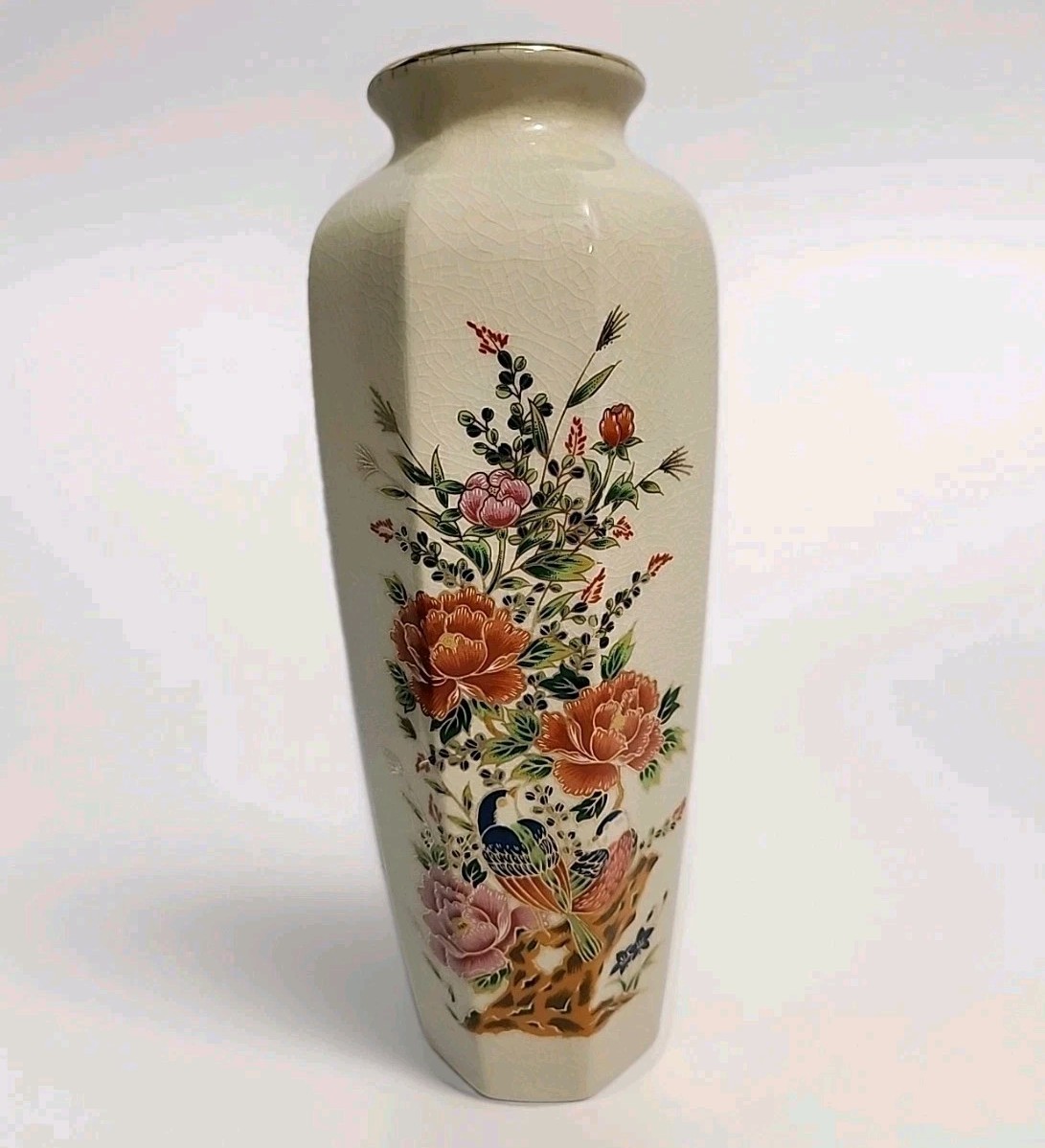 Vintage Crackle Glazed Satsuma Vase Floral Bird Motif 11 inches Japan