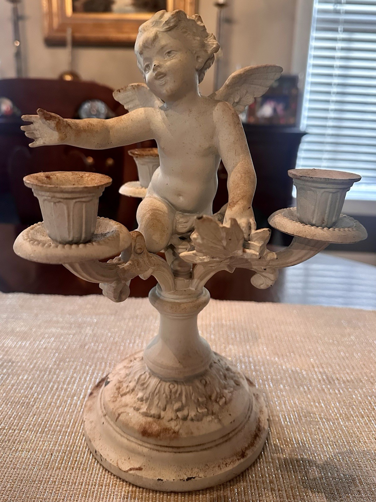Vintage French Style Shabby Chic Cast Iron Cherub Putti Three Arm Candelabra