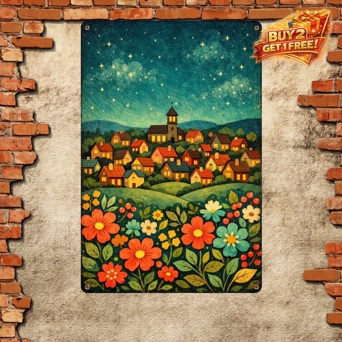 Nightscape Hillside Village Cottages Starry Sky Metal Tin Sign 8x12